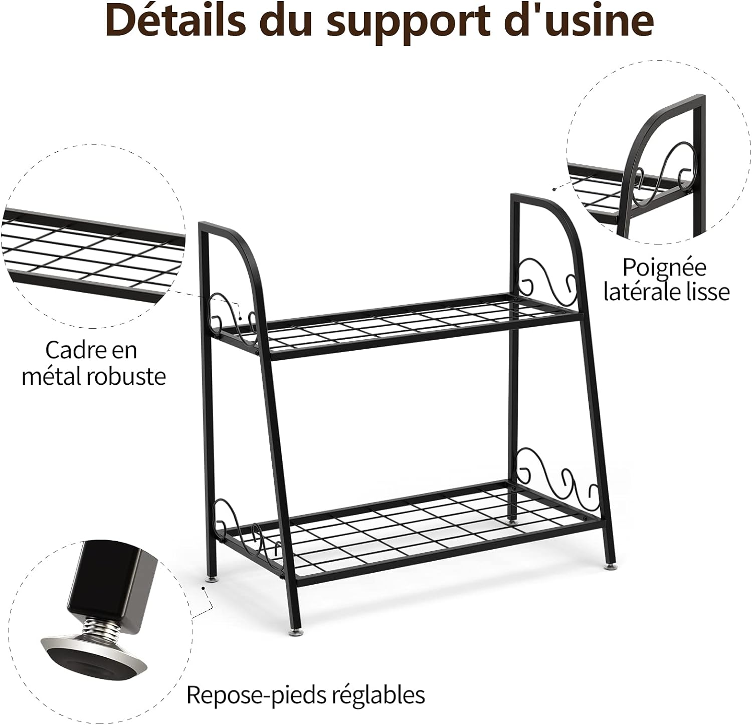 Etagère de plantes à 2 etages en métal en forme d'echelle intérieur/extérieur avec pied réglable - 4