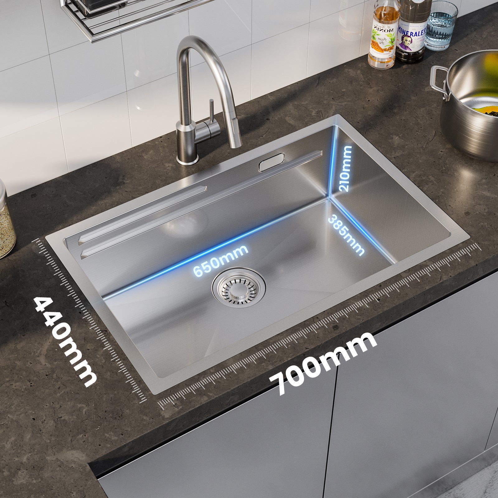 Cecipa max Évier Cuisine 1 Bac 70×44×21CM Évier à Encastrer Inox Brossé avec Egouttoir et Vasque,EU Modèle - 3