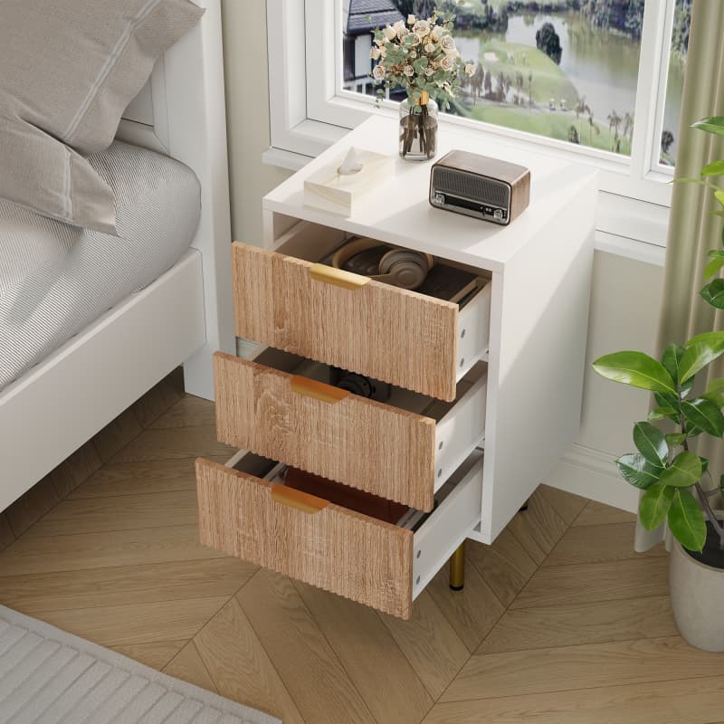 Comodino Moderno 3 Cassetti In MDF E Gambe Metalliche - 50x39.5x60 Cm - Quercia