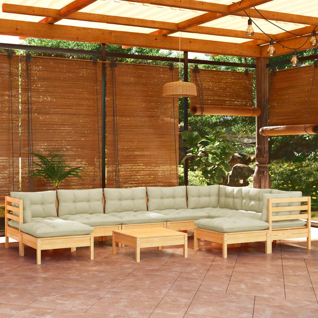 Muebles de jardín 10 pzas y cojines madera maciza de pino crema Leroy