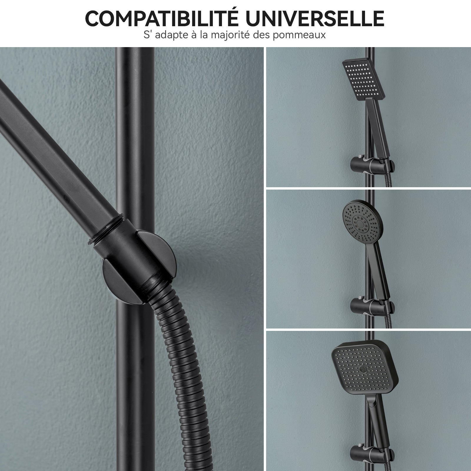 Barre de Douche en inox 70 cm avec Support de Pommeau de Douche /étagère de douche,fixations murales réglables,avec support de douchette,noir - 4