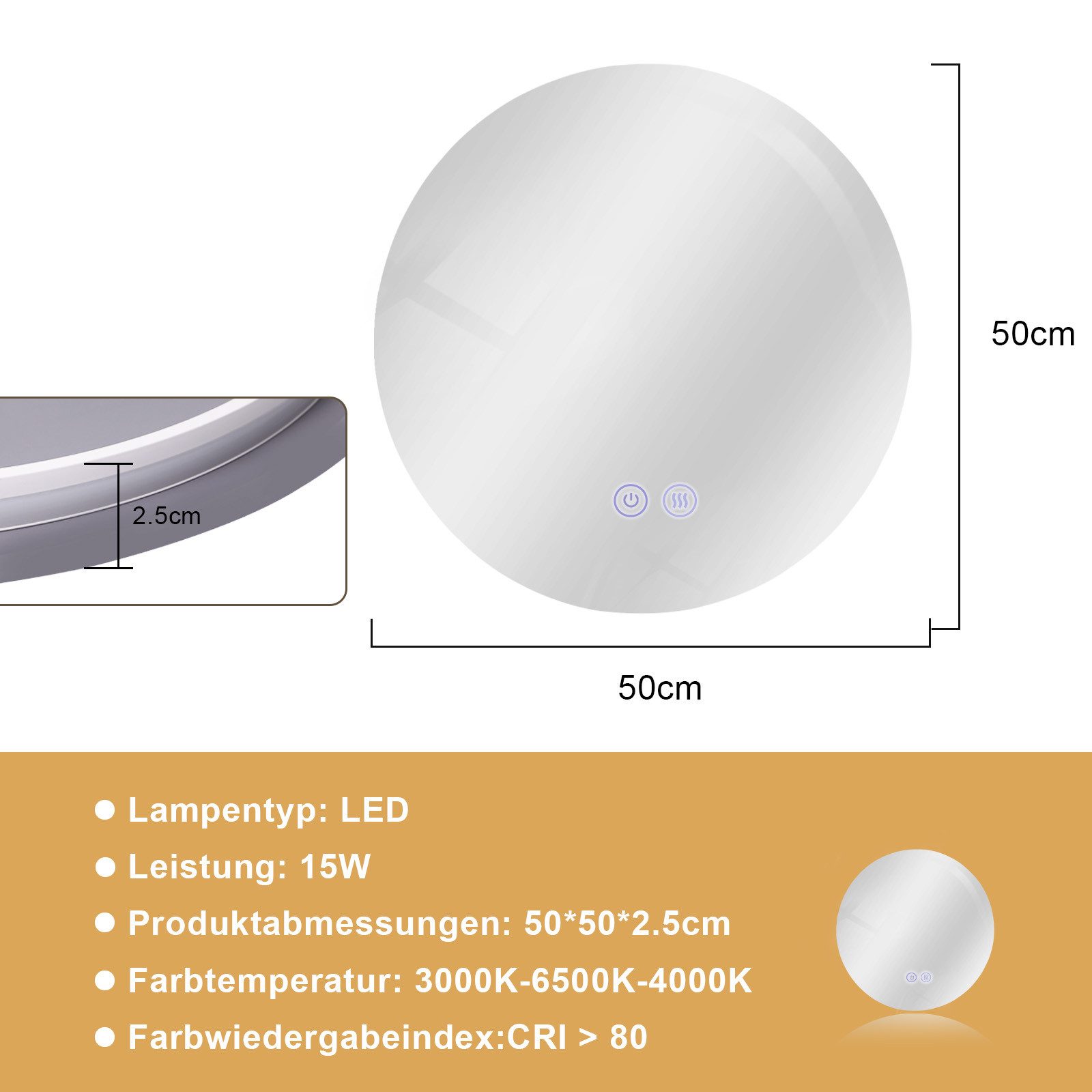 Miroir de salle de bain NETTLIFE avec éclairage rond 50 cm Miroir de salle de bain Miroir mural LED avec fonction tactile - 5