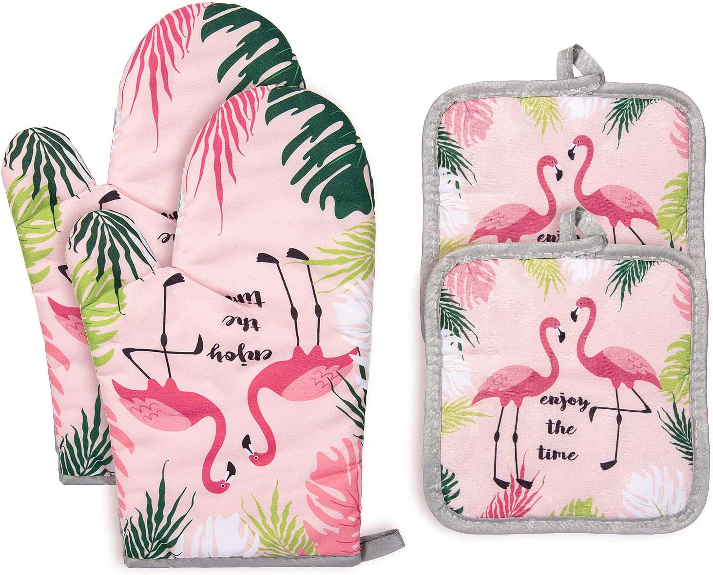Rękawice kuchenne i rękawice kuchenne, bawełniane, odporne na ciepło, do grillowania, gotowania i obsługi (Flamingo)