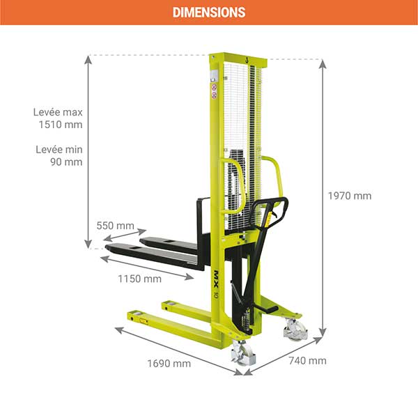 Gerbeur manuel 1000kg - Levée max 1510mm - Fourches 1150x550mm - HB310000000 - 2