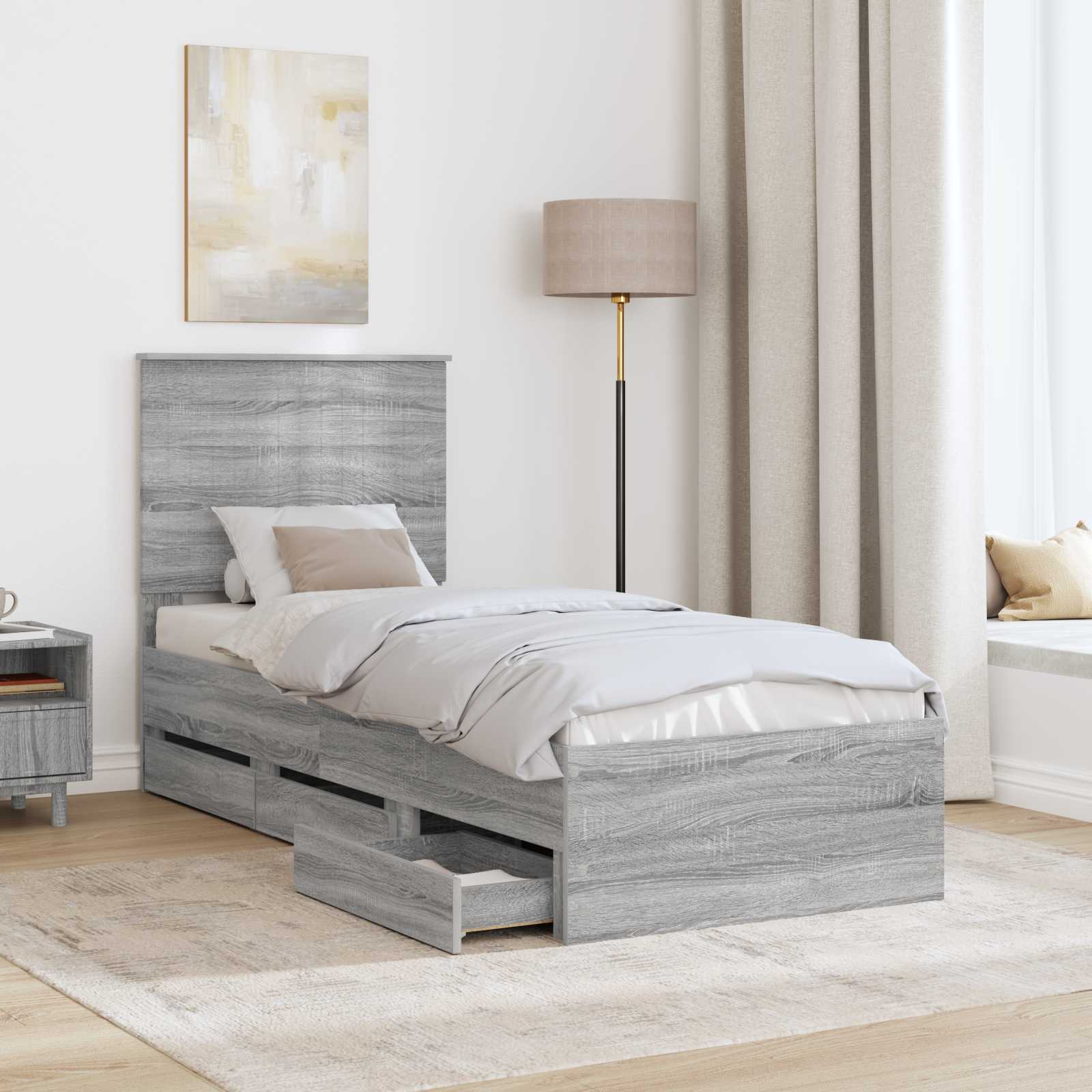 Cadre de lit gris en panneau de bois pour la chambre, 75 × 190 cm - 3