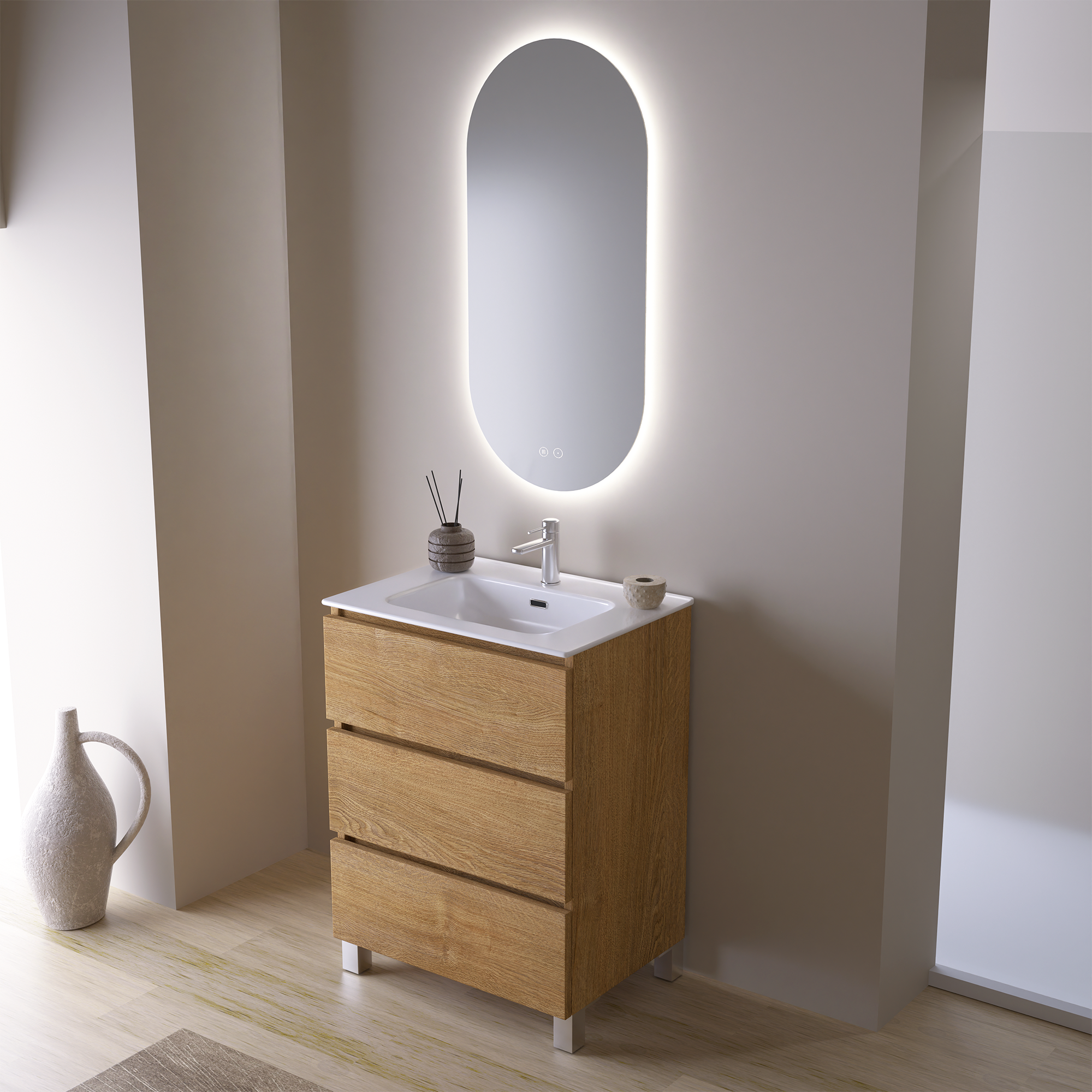 Feel Your Bath, Meuble De Salle De Bain JAGUAR Marron 60 cm, 3 Tiroirs, Vasque Céramique Intégrée Et Miroir Ovale LED Antibuée - 2