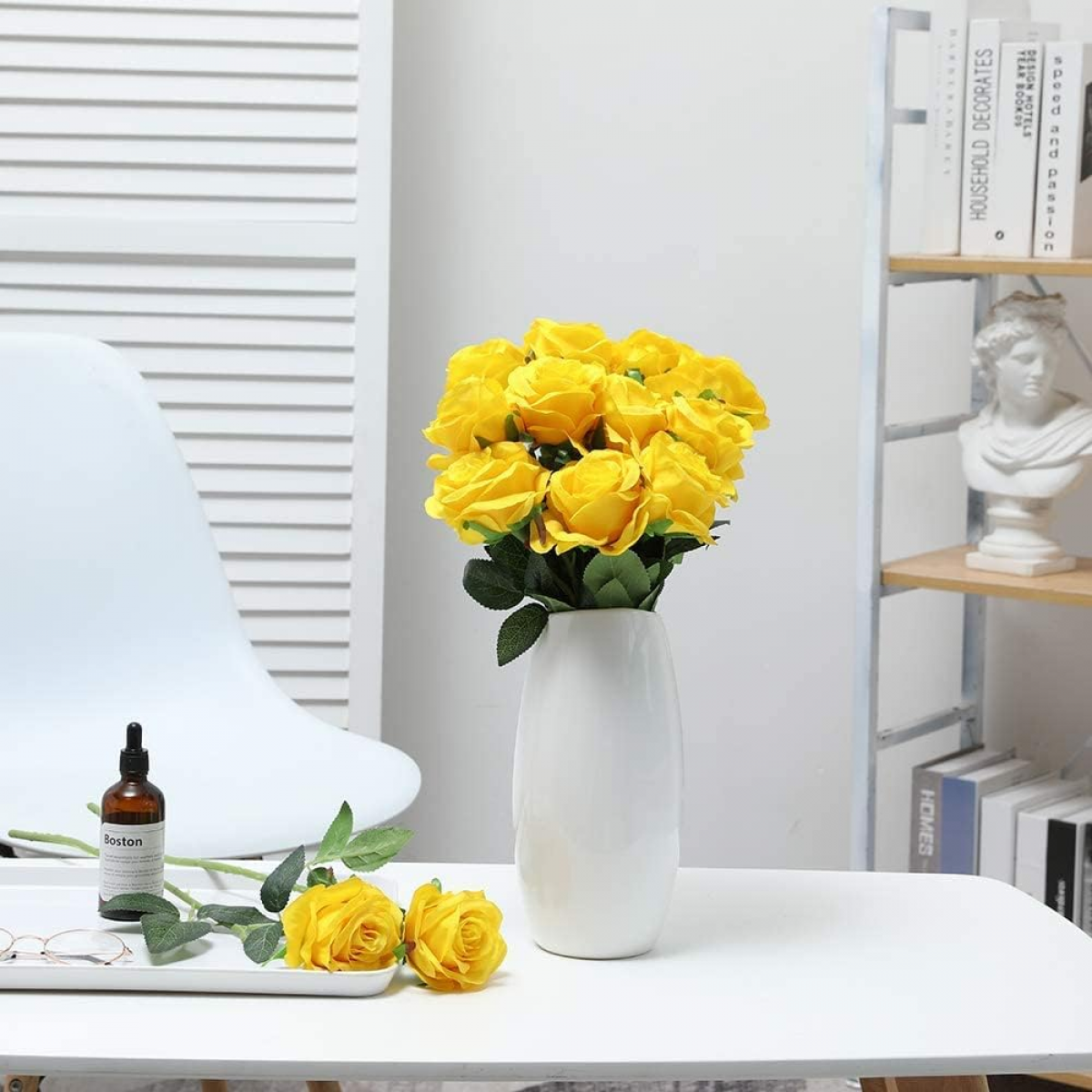 Lot de 10 roses artificielles en soie à longue tige pour bouquet de mariage, centre de table ou décoration d'intérieur (jaune) - 5