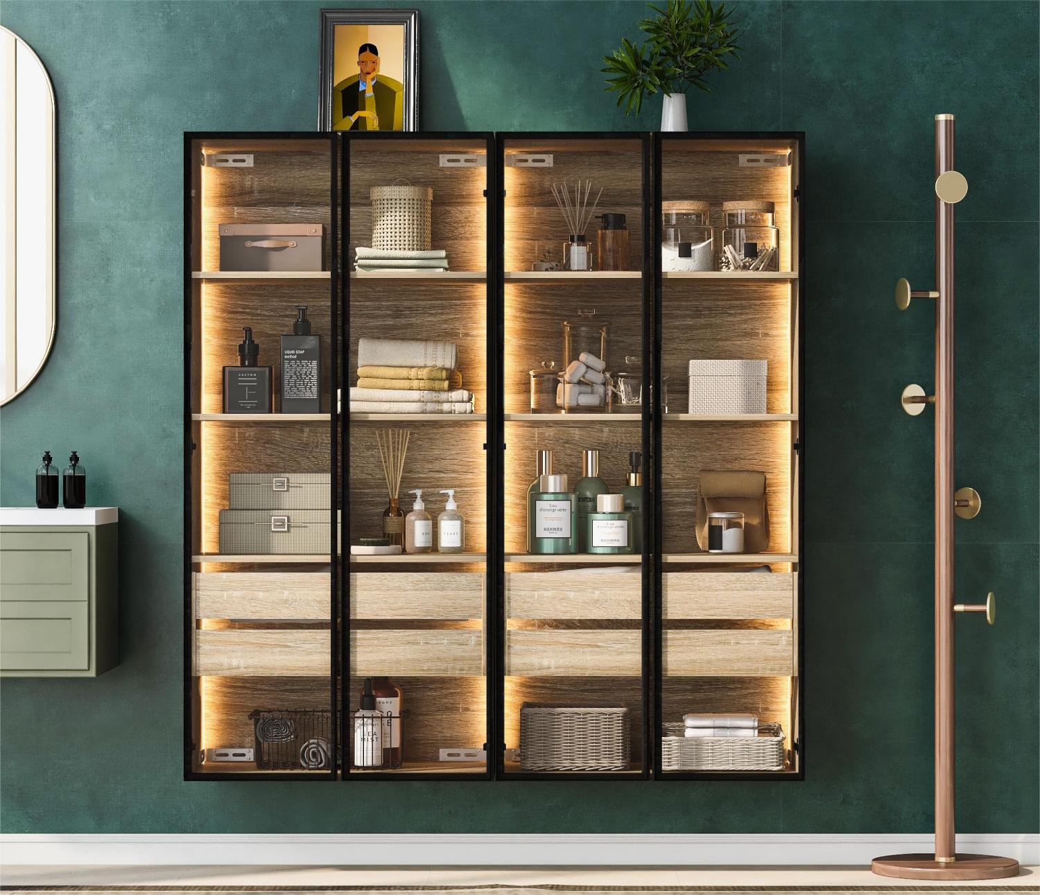 Modernluxe  Vitrinas Mueble De Baño Con Led, 2 Cajones Grandes Y 2 Puertas De Cristal, Natural Marrón/Claro/Claras , Leroy Merlin