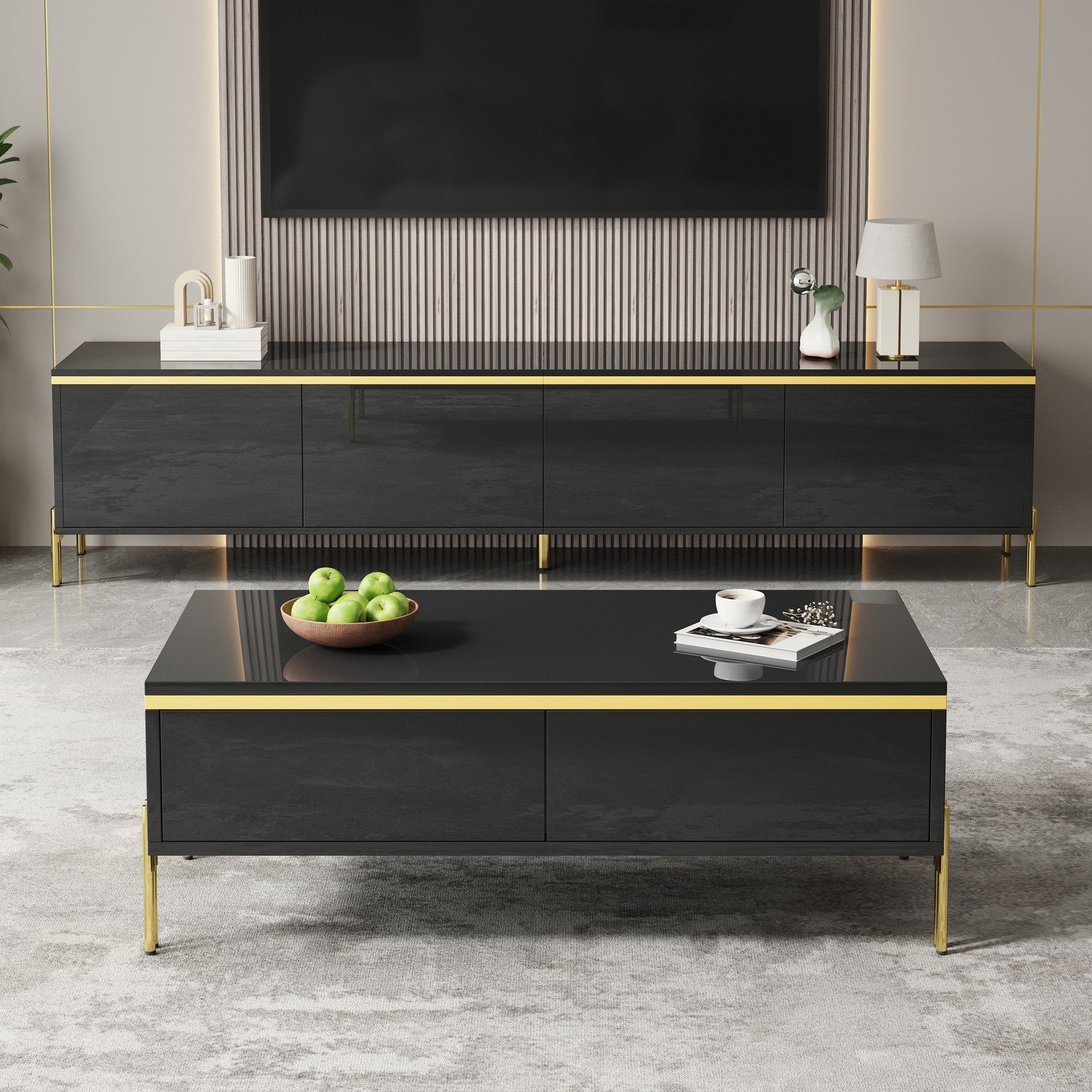 Szafka RTV ze stolikiem kawowym - 4 drzwi i 2 szuflady - 170 x 38 x 50 cm + 100 x 50 x 36 cm - Płyta wiórowa - Czarny połysk