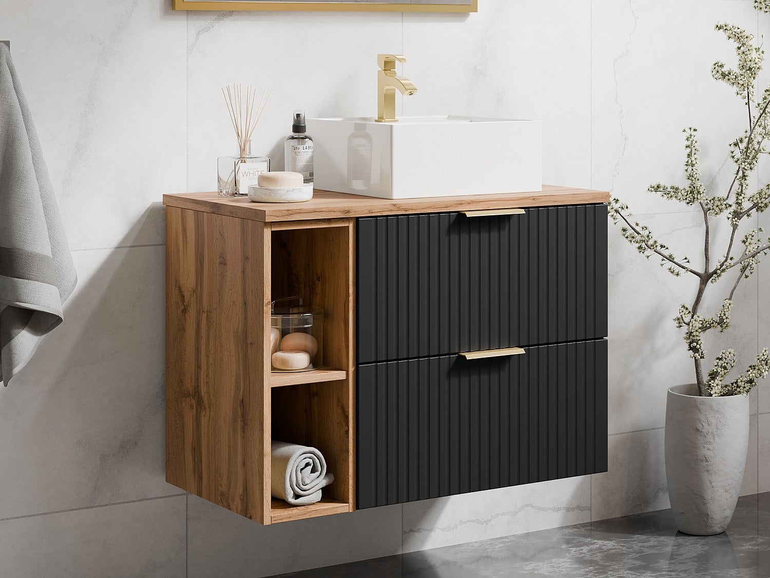 Szafka łazienkowa wisząca ryflowana z wnękami i kwadratową umywalką nablatową - Czarny i naturalny jasny - szer. 80 cm - ZEVARA