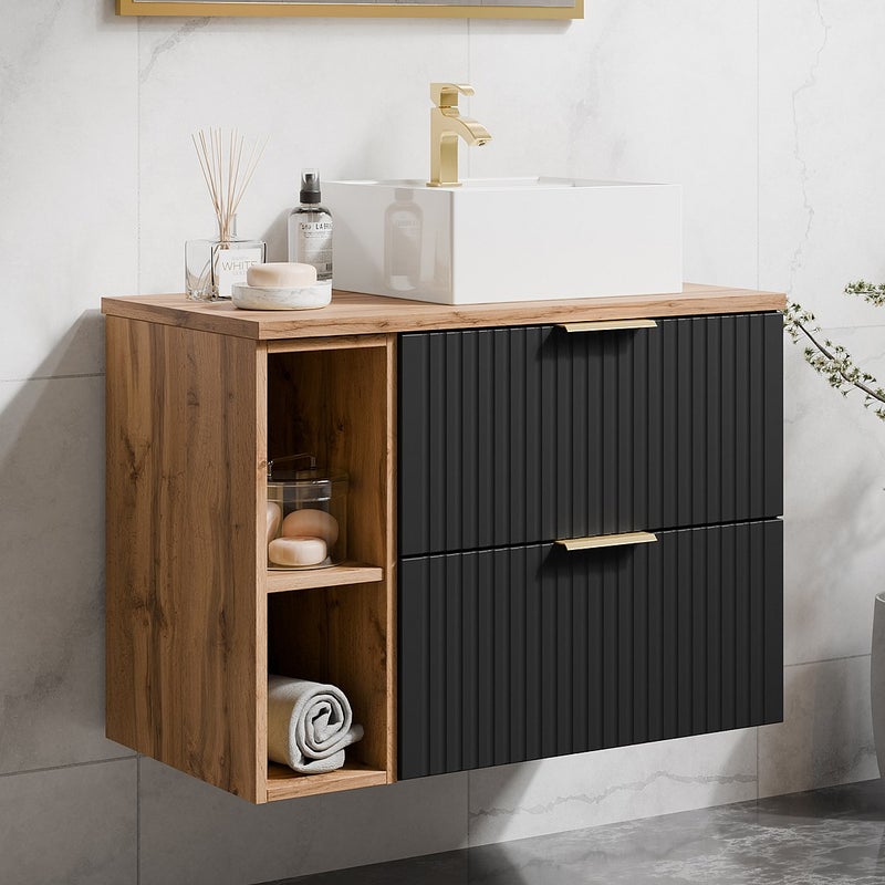 Szafka łazienkowa wisząca ryflowana z wnękami i kwadratową umywalką nablatową - Czarny i naturalny jasny - szer. 80 cm - ZEVARA