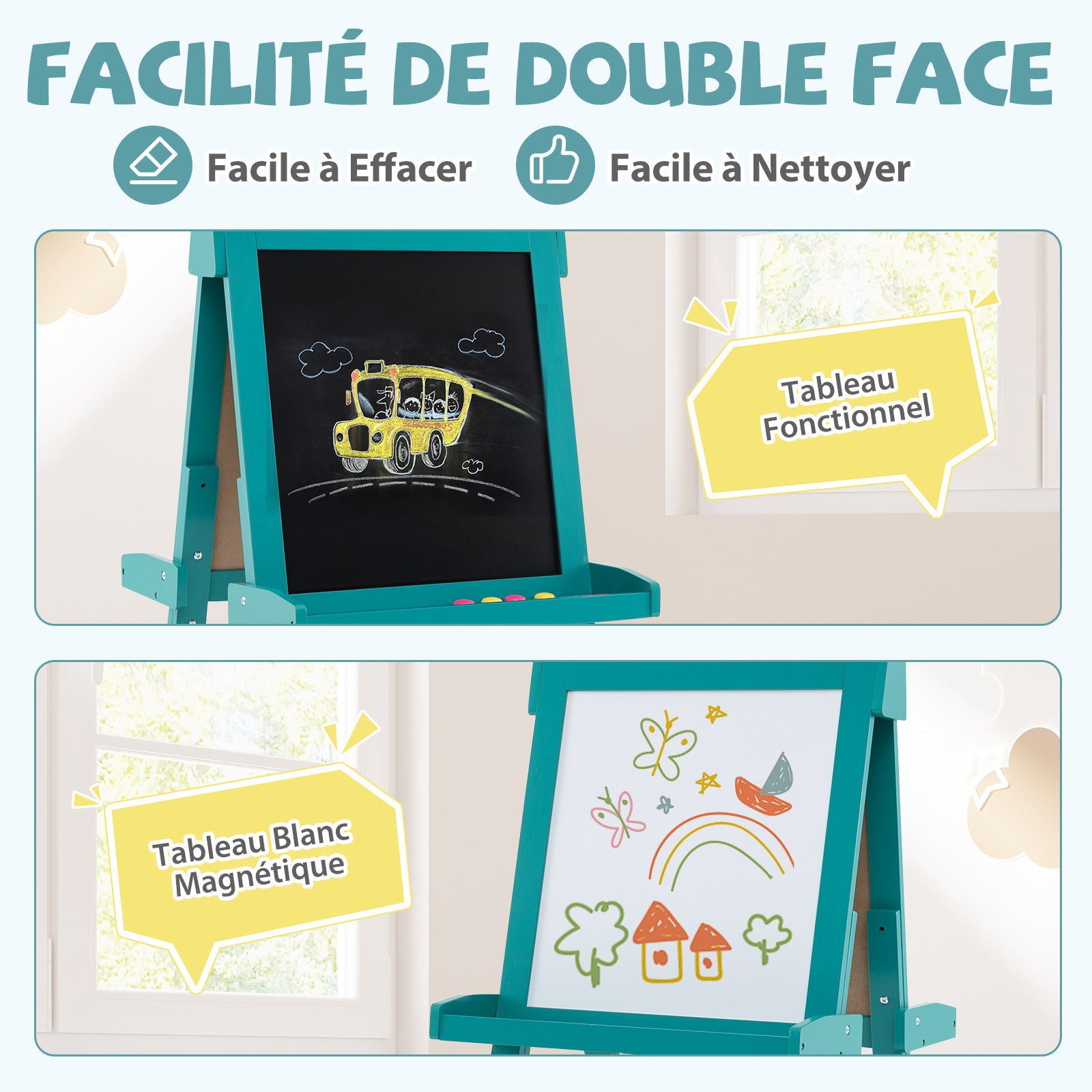 Chevalet Pliable pour Enfants, Double Face avec Tableau Noir et Tableau Blanc Magnétique, Rouleau de Papier Remplaçable, 3 Gobelets, Vert - 5