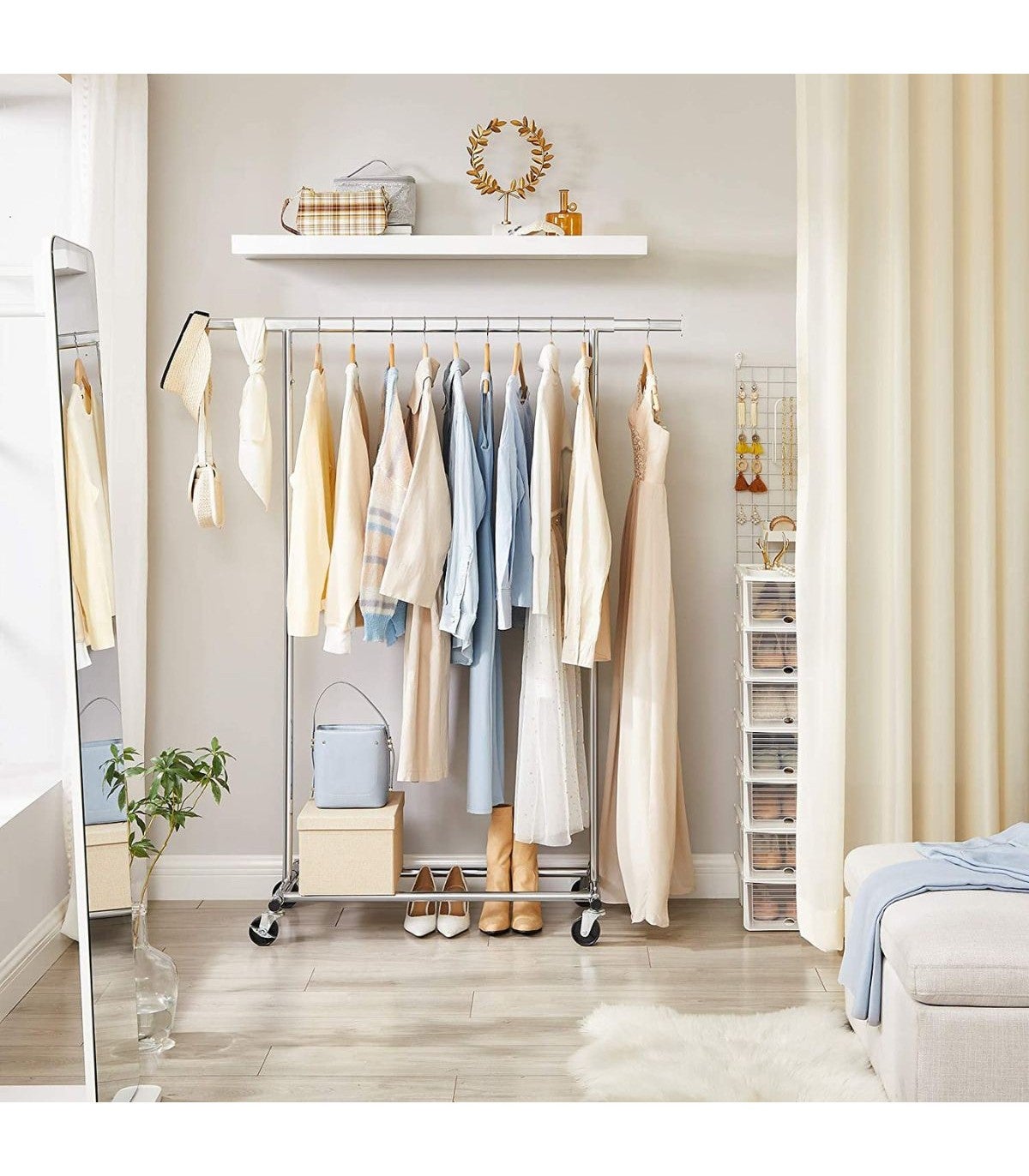 Portant à Vêtements avec Roulettes, Tringle Extensible pour Charge Lourde, Porte-manteau, Rangement Vêtement, Capacité de Charge 100 kg,Argent - 8