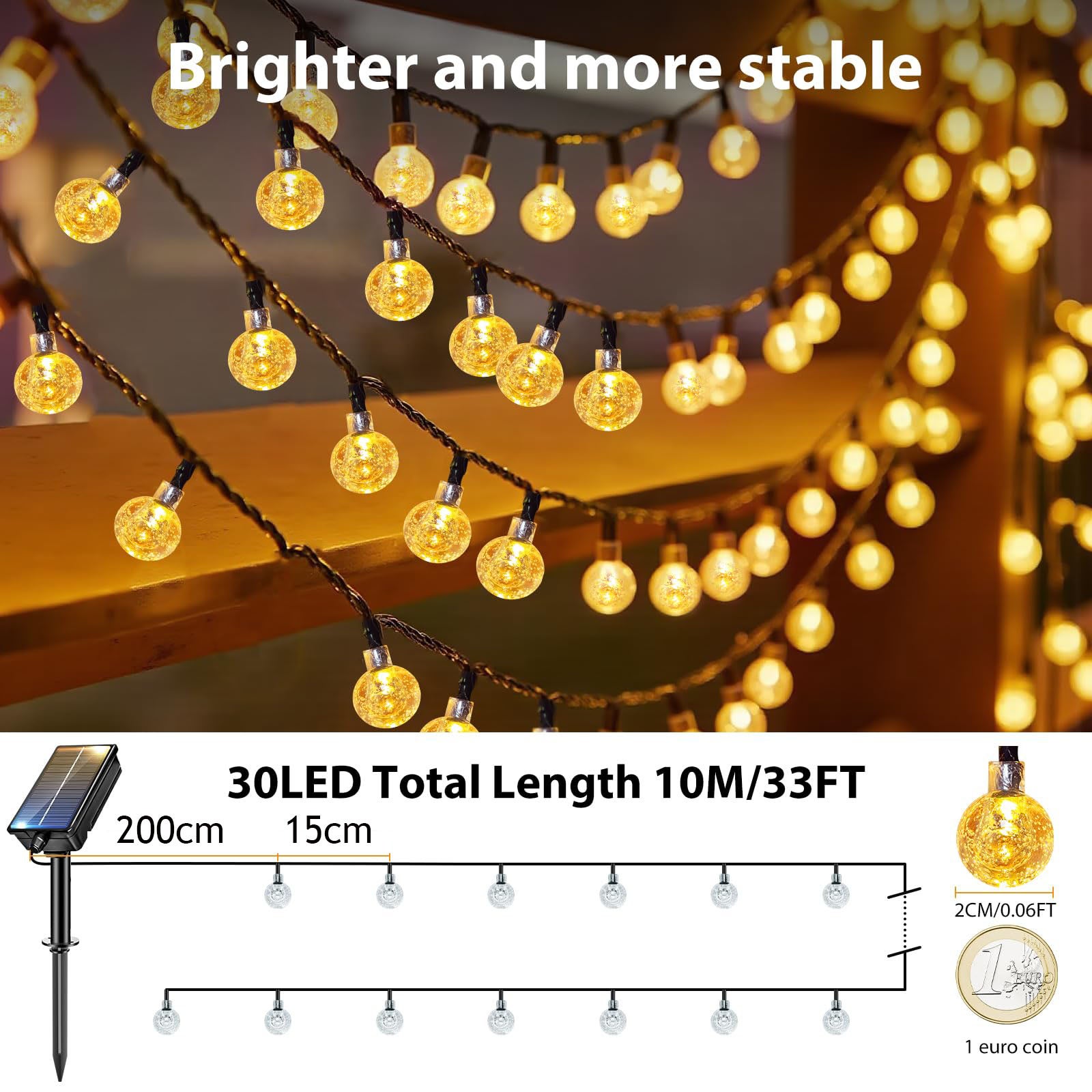 Cordão de Luzes Solares para Exteriores de 11 m, 60 LEDs, à Prova D'água, Bolas de Cristal, para Jardim, Pátio, Varanda, Festa (Branco Quente) - 3