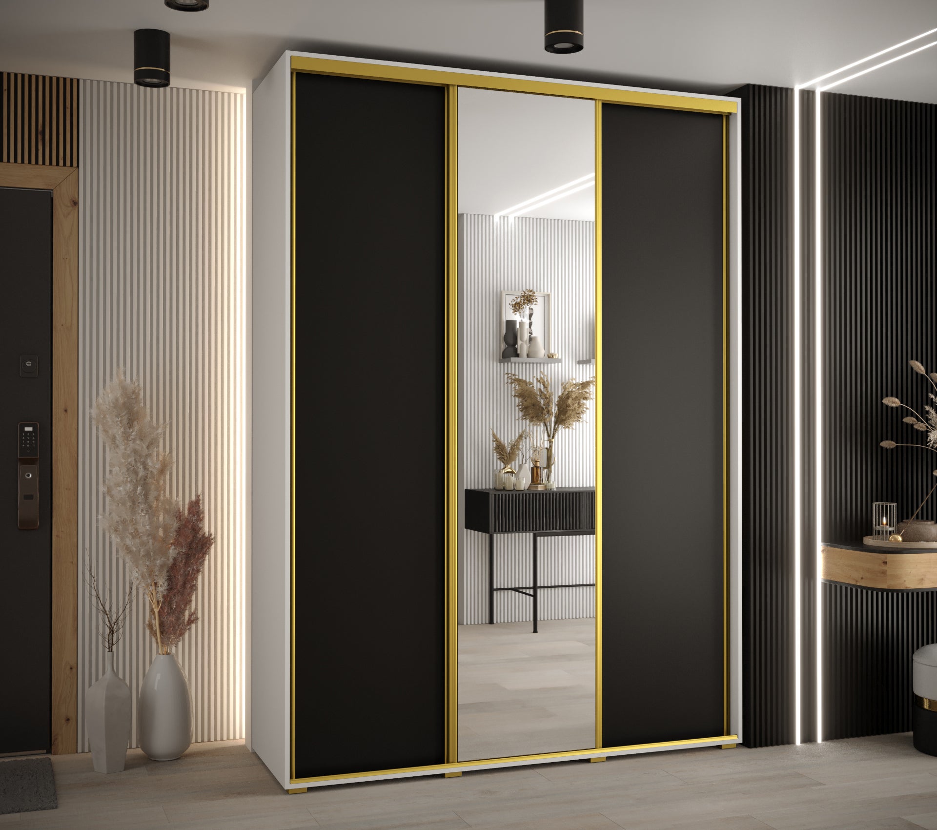 Szafa przesuwna z lustrem wysoka Davos 3 170 x 45 x 235,2 cm biały + czarny + u. złoty - Abiks Meble - 2