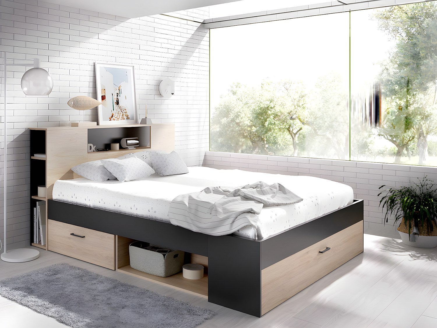 Łóżko ze skrzynią i szufladami - 160 x 200 cm - Kolory: naturalny i antracyt + Stelaż + Materac - LEANDRE