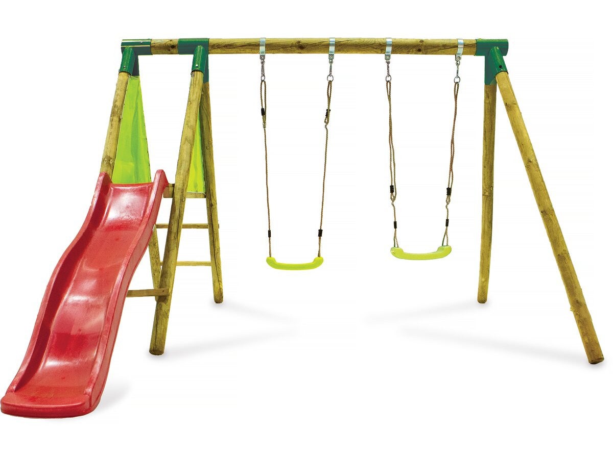 Drewniana huśtawka "Balanga" - z 1 zjeżdżalnią i 2 huśtawkami.