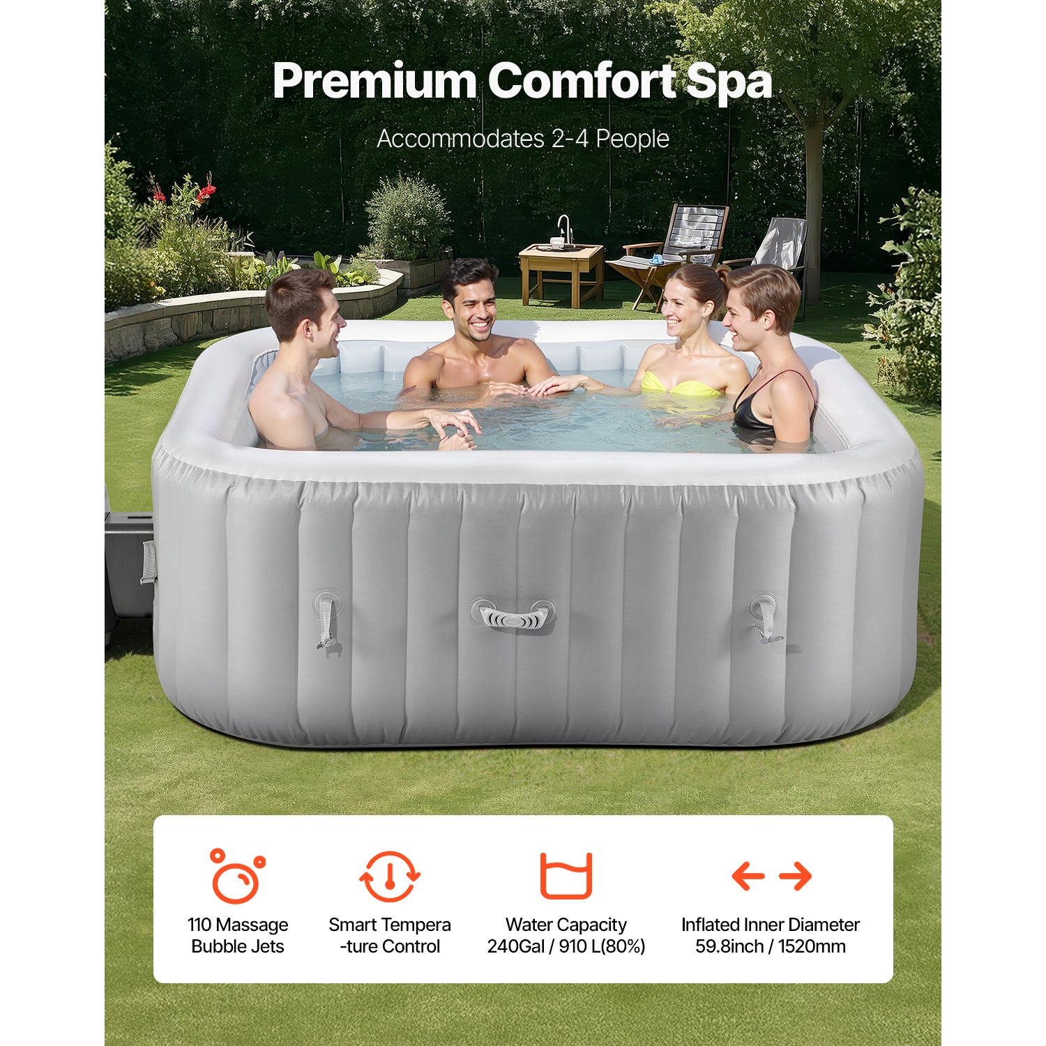 Bain à Remous Gonflable SucceBuy 2-4 Personnes 185x185x66 cm, 130 Bulles, 910 L, Chauffage 220V, PVC Renforcé, Gris - 4