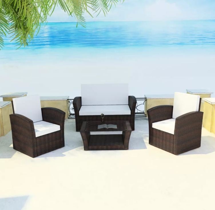 Ensemble Salon De Jardin 4 Pièces En Osier PE - 2 Chaises, 1 Causeuse, 1 Table Basse Verre - Capacité 150-300 Kg - Noir/marron