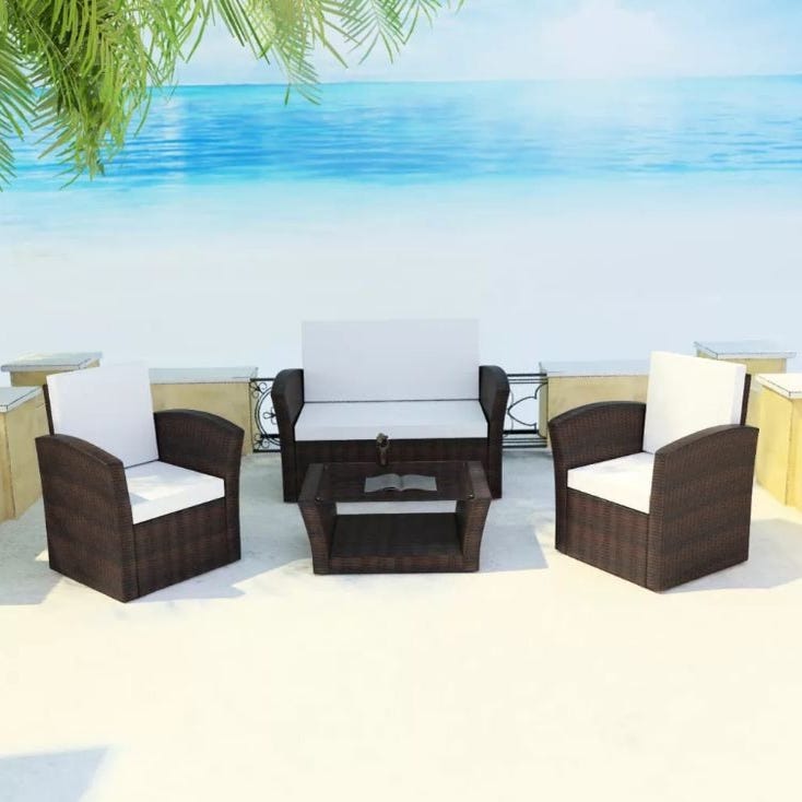 Ensemble Salon De Jardin 4 Pièces En Osier PE - 2 Chaises, 1 Causeuse, 1 Table Basse Verre - Capacité 150-300 Kg - Noir/marron