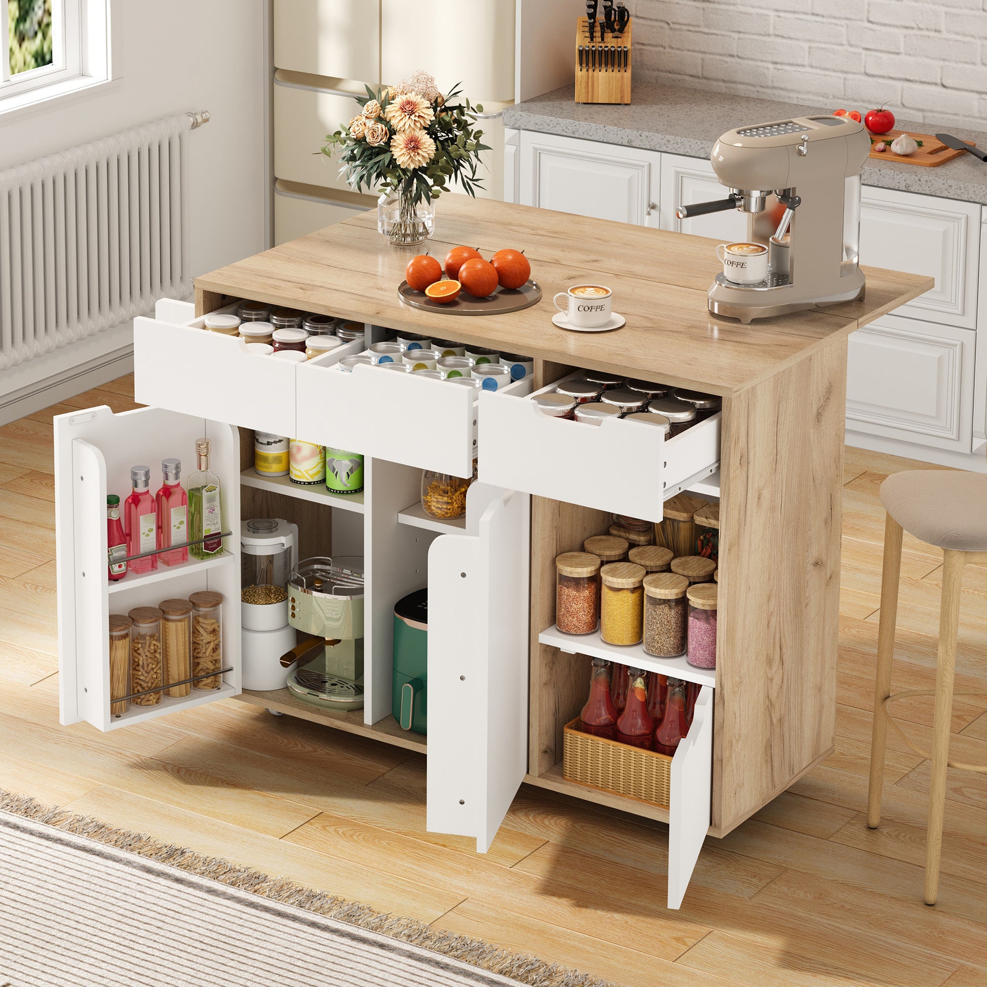 Mueble de almacenaje con ruedas, 120x46x85 cm, cajones y puertas, compartimentos abiertos, blanco y efecto madera - 3