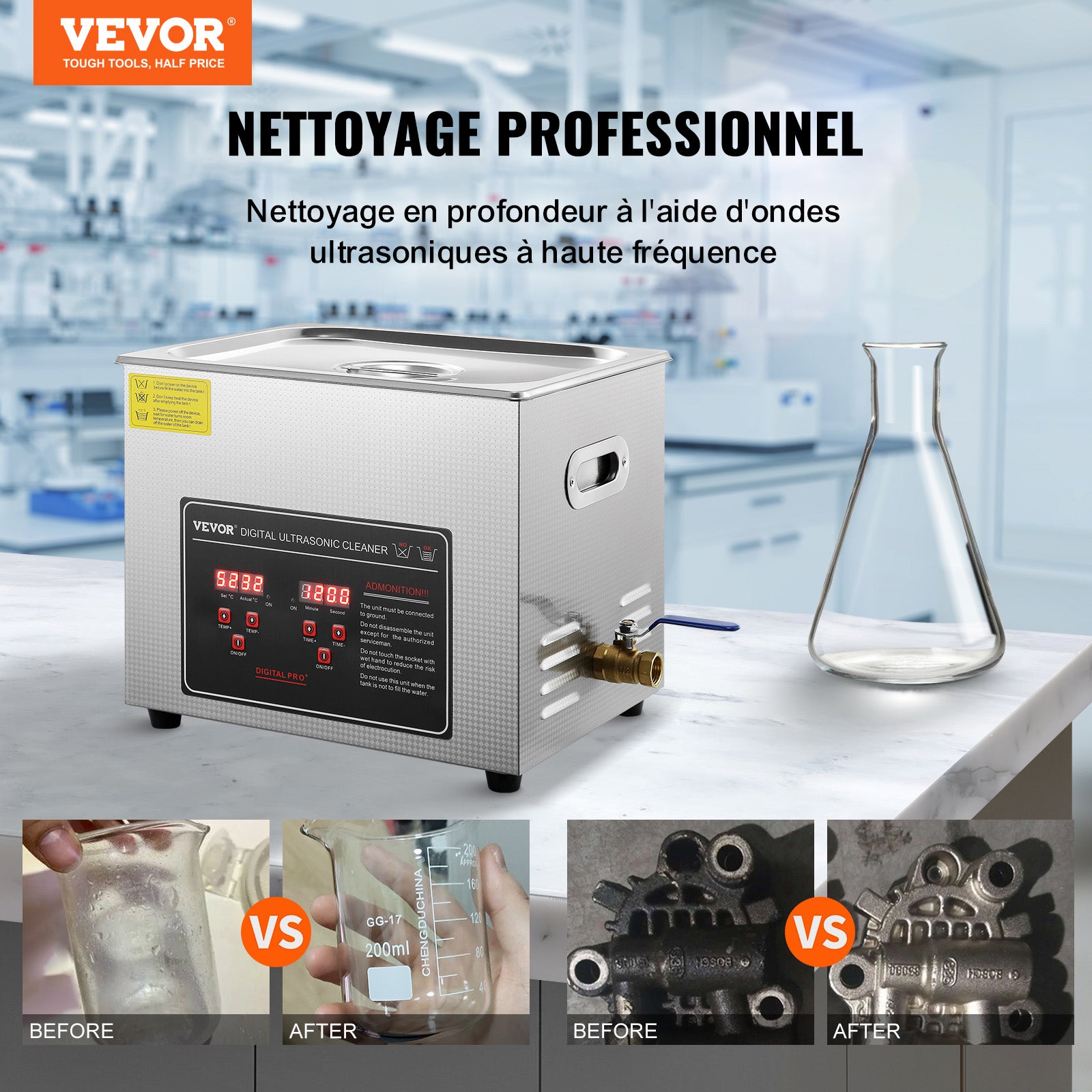 Nettoyeur Ultrason 10L Inox VEVOR, Bac  Ultrasons avec Chauffage et  Minuterie 030min, cran LED Numrique, Nettoyage Bijoux, Lunettes, Montres  | Leroy Merlin