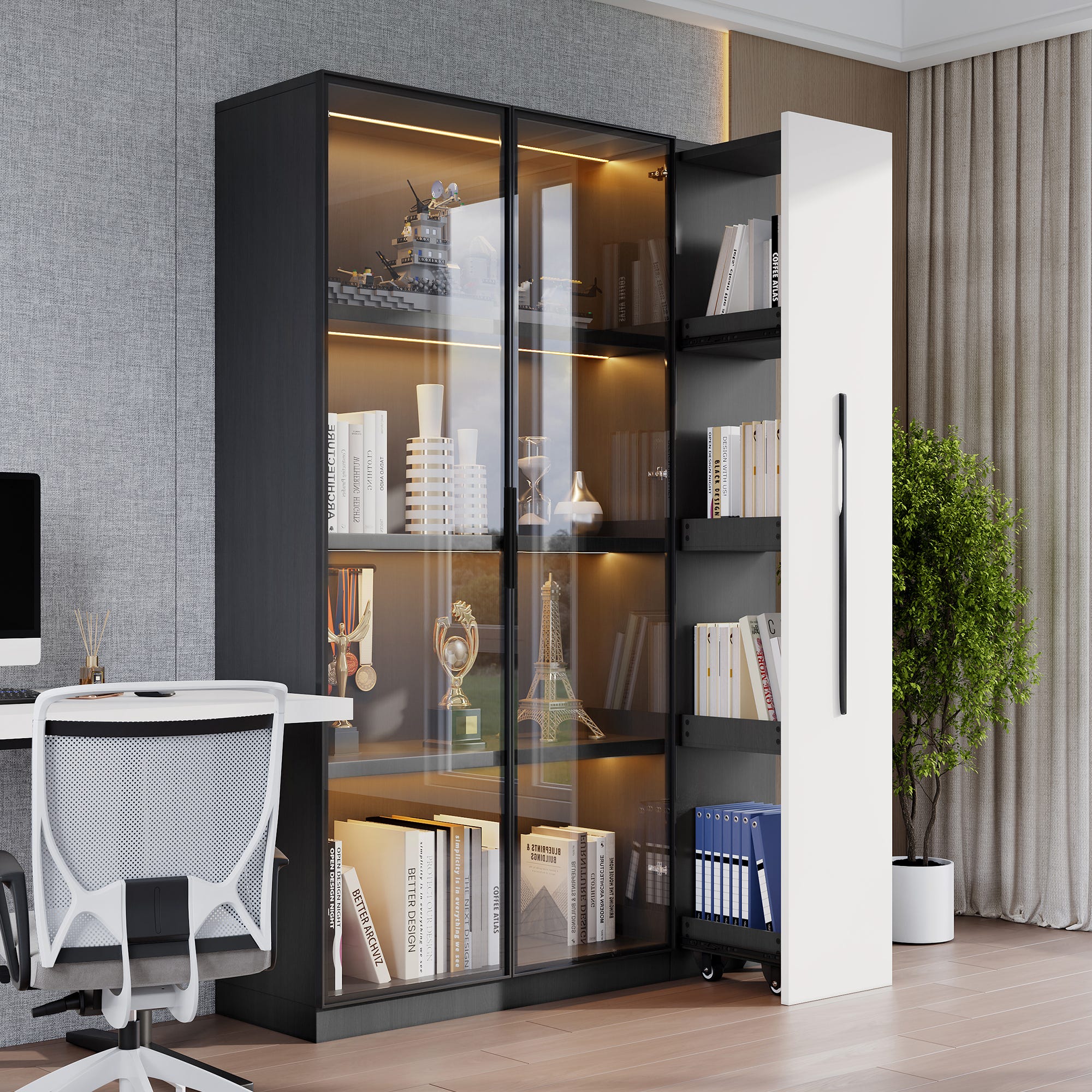 Vitrine moderne 150x78x40 cm avec LED, grand rangement et étagère en verre - Naturel Vitrine moderne 150x78x40 cm avec LED, grand rangement et étagère en verre - Naturel