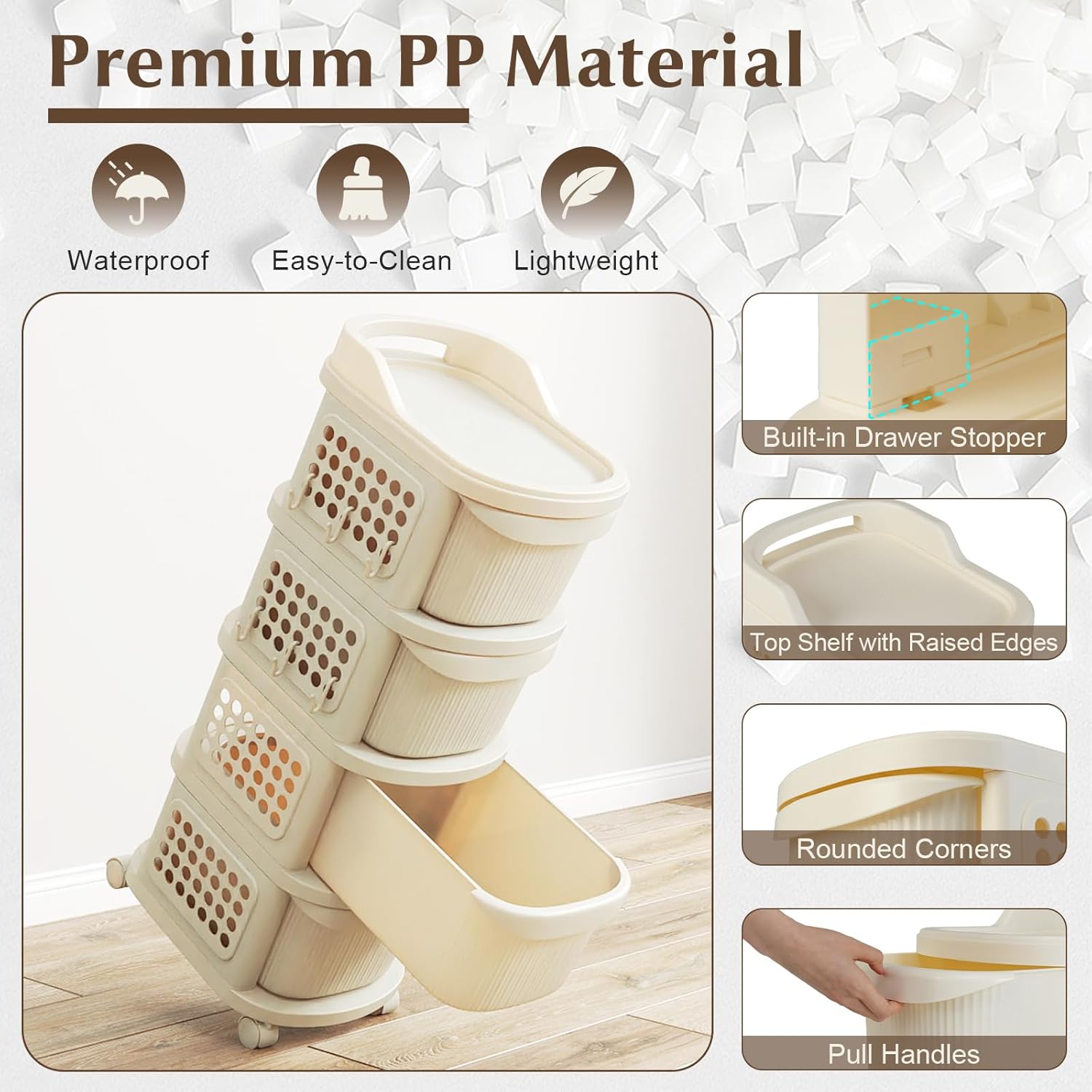 Carrello con 4 Cassetti, Contenitore in Plastica con Rotelle, 6 Ganci, Mobiletto Portaoggetti Mobile per Soggiorno, Cucina e Ufficio (BIANCO) - 4