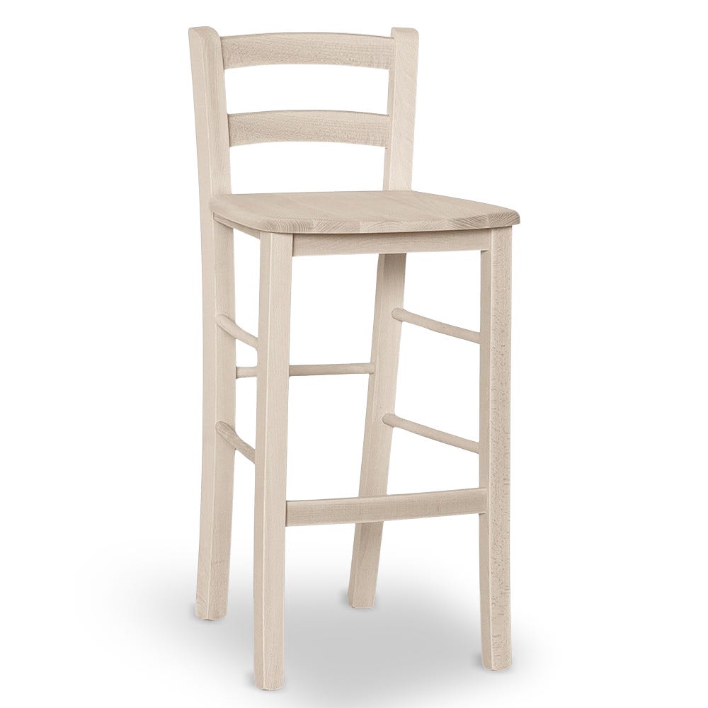 Sgabello In Legno Grezzo Con Schienale E Seduta In Legno Massello