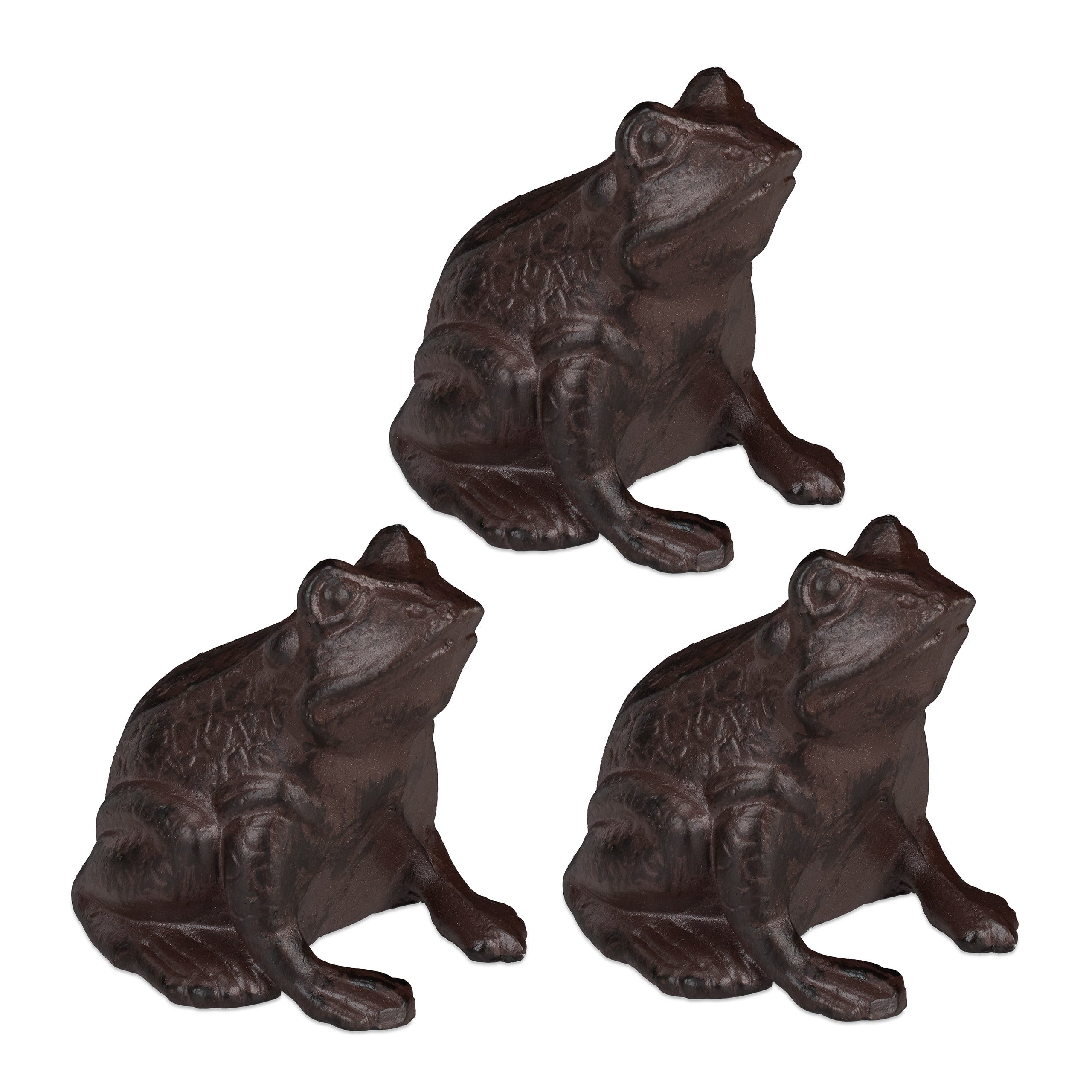 3 figuras decorativas de jardín, rana, sentada, resistente, decoración de exterior, hierro fundido, marrón