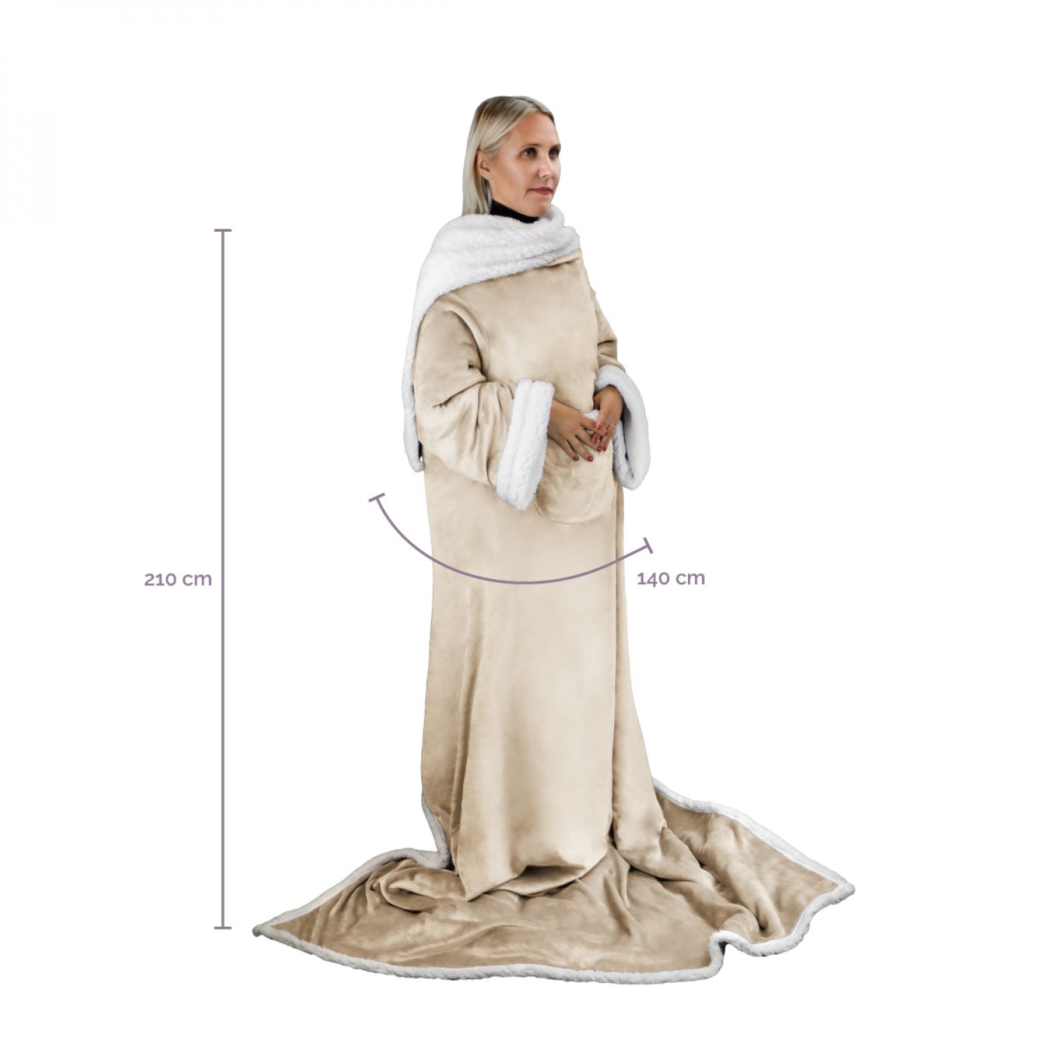 Couverture polaire, plaid intégral avec manches et poche - 140 x 210 cm - Sherpa et flanelle - Adulte - Beige - Vivezen - 2