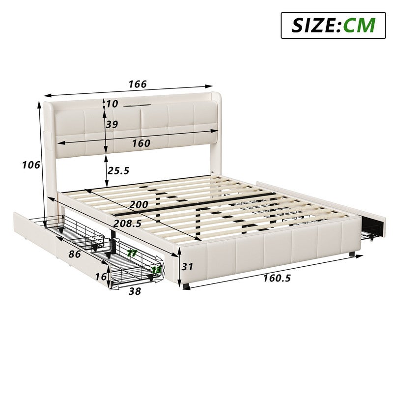 Lit rembourré 160 x 200 cm, Lit double avec USB et tête de lit, Cadre de lit avec sommier à lattes, sans matelas, beige - 8