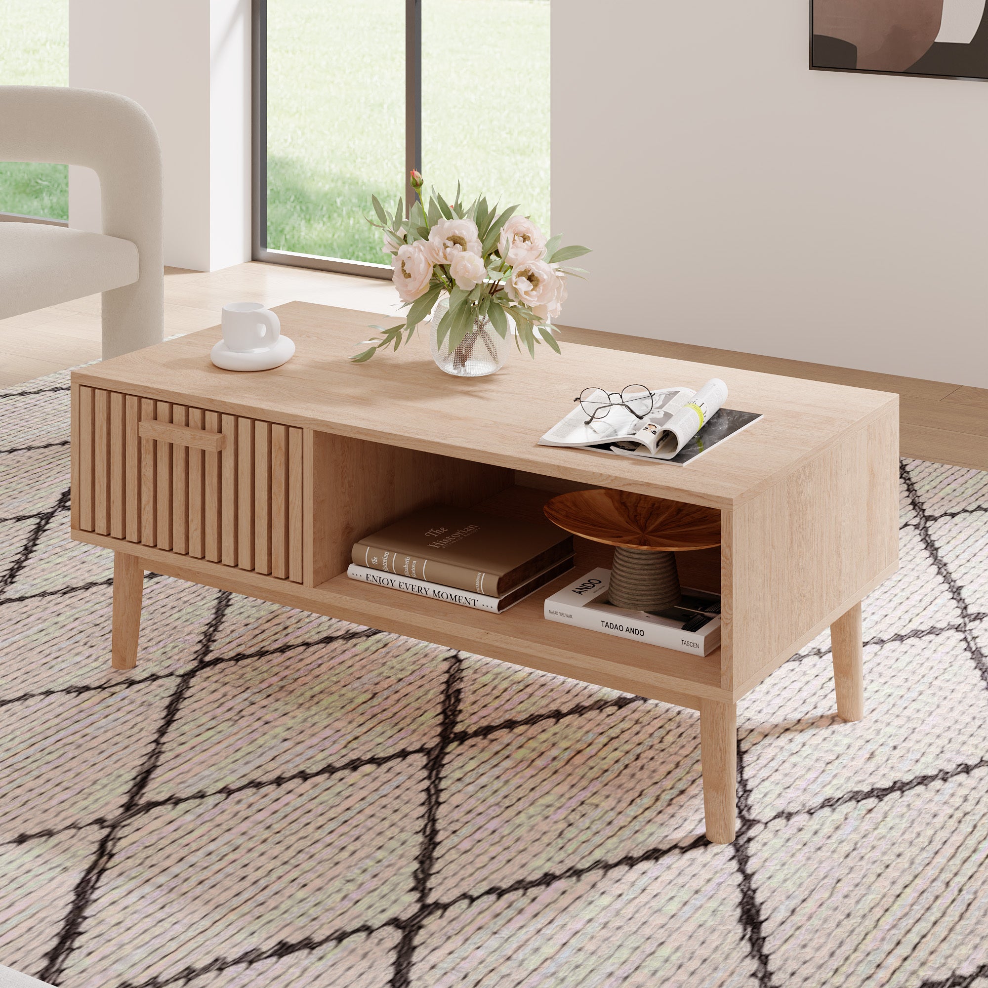 Table basse rectangulaire avec 1 tiroirs, finition bois, Antidérapant pieds en bois massif, poignées, L.100 x l.50 x H.43 cm, couleur bois naturel - 3