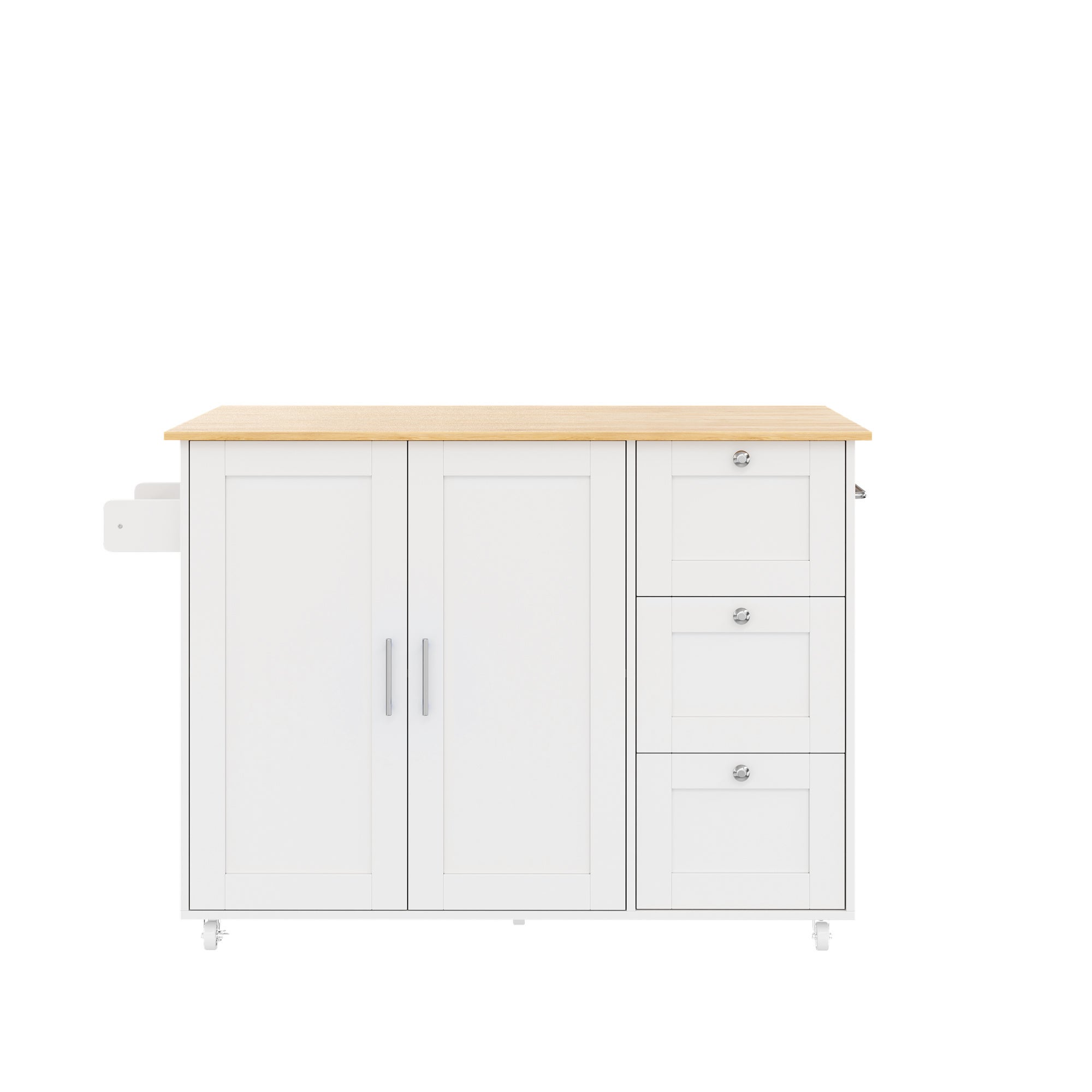 Îlot central de cuisine mobile avec 2 portes et 3 tiroirs - 135 x 44/70 x 90 cm - MDF - Plateau extensible - Blanc + naturel - 9