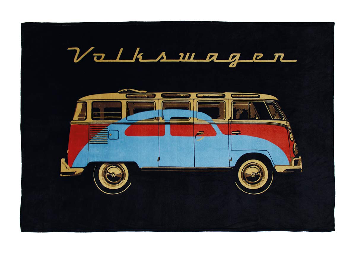 Brisa vw collection - volkswagen coperta calda e vellutata in morbido pile, plaid per divano/letto, camper t1 bus e maggiolino design (nero/150x200cm)