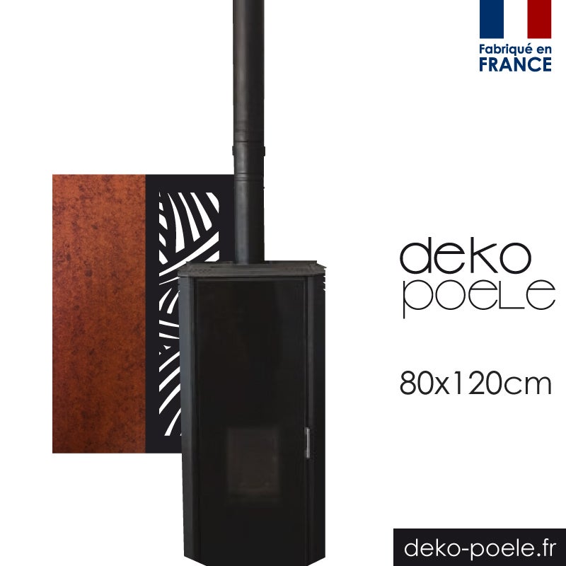 Plaque de protection murale Design Makala Noir + Effet ACIER KORTEN | Largeur 80 - Hauteur 120cm | deko-poele.fr - 2
