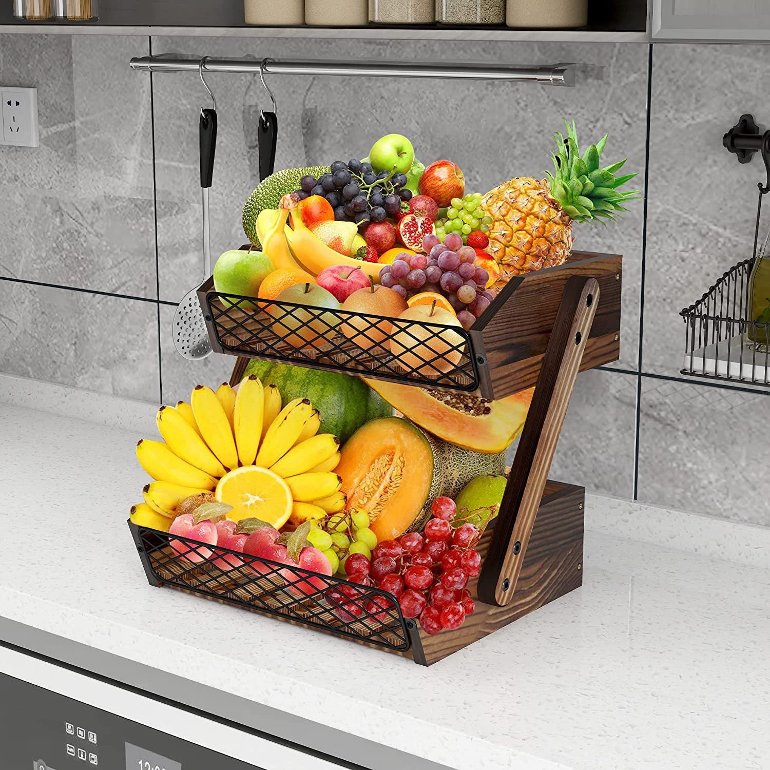 AULEDIO Escurridor de frutas y verduras de tres niveles para encimera de cocina (marrón) - 7