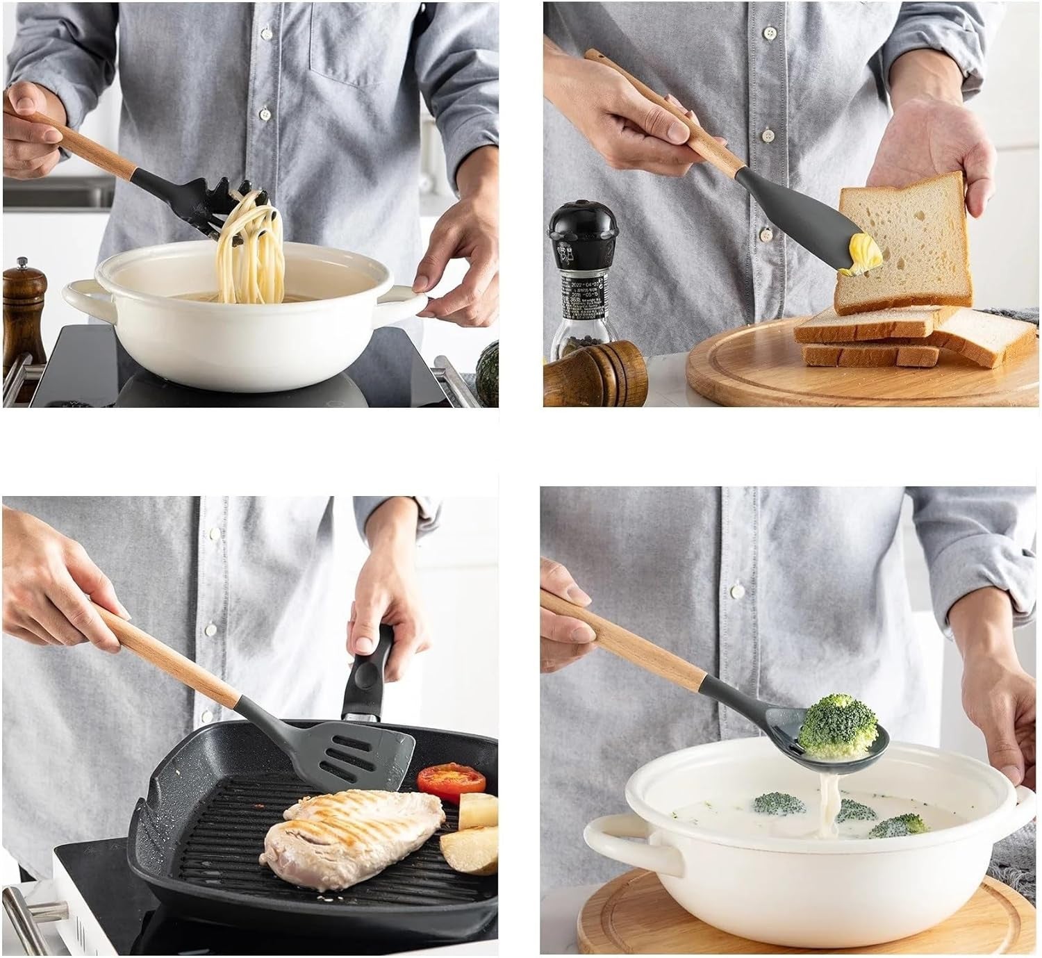 Set de utensilios cocina de silicona 12 piezas juego para cocinar con mango de madera resistentes al calor y Antiadherentes gris - 6