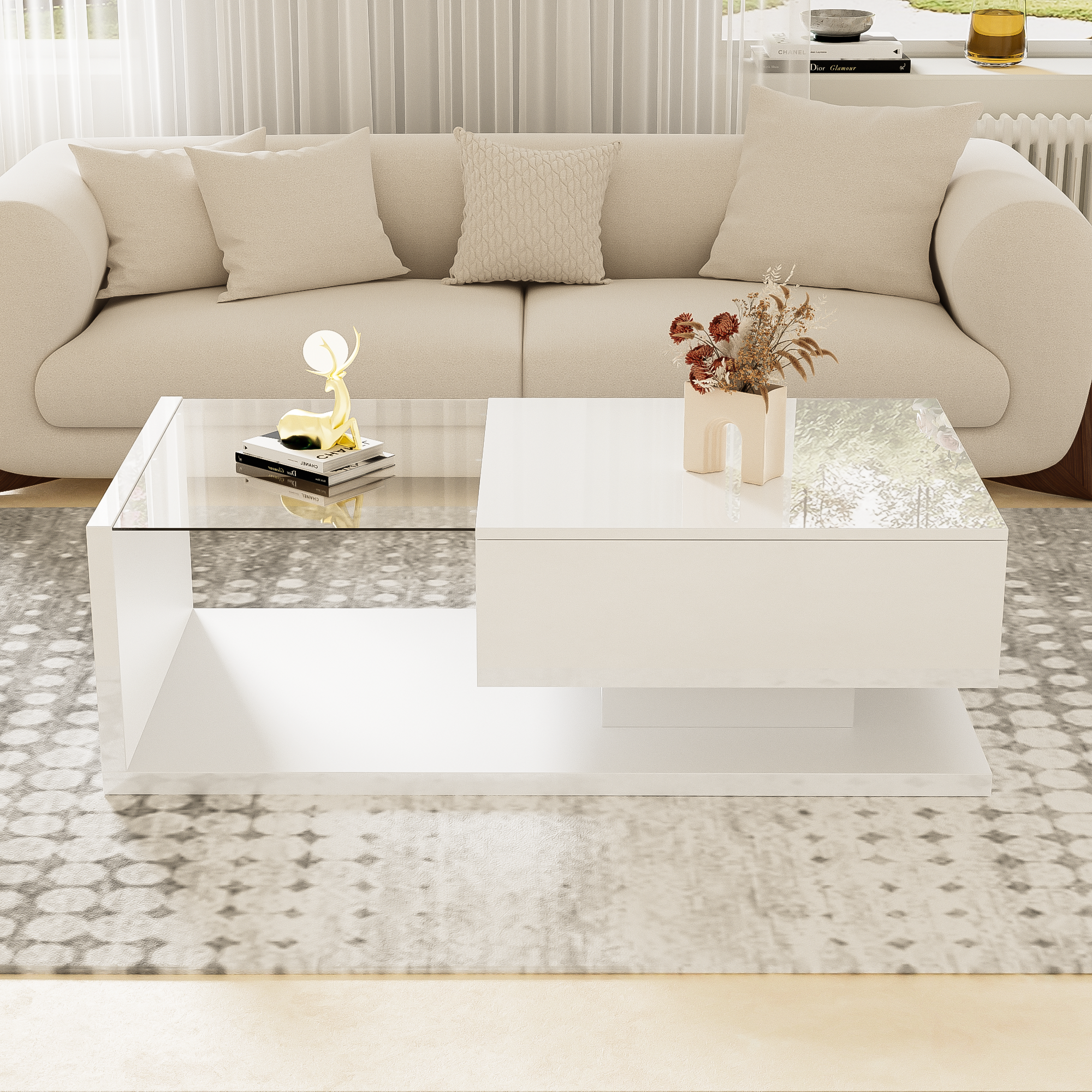 Table basse avec LED - en verre et panneaux de particules - Blanc - 2