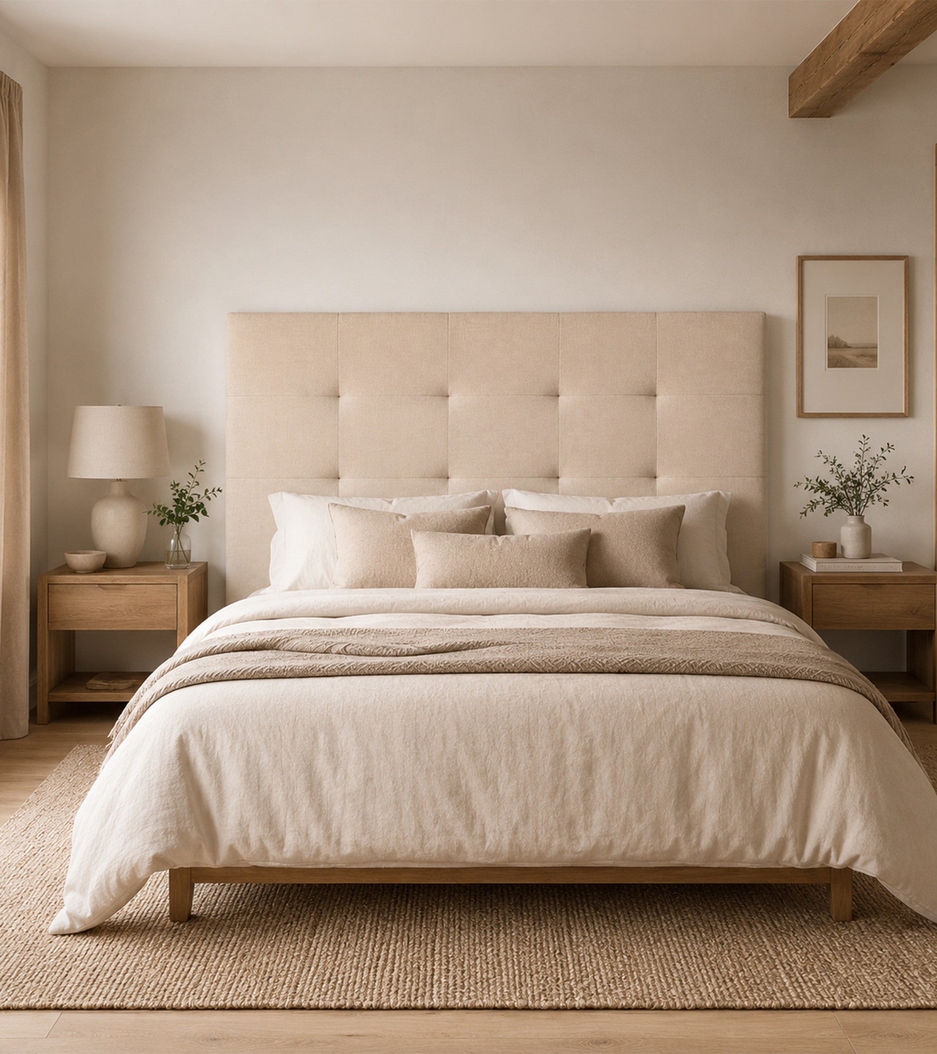 Cabecero de cama OLSON tapizado en tela beige, cama doble 150 cm - 2
