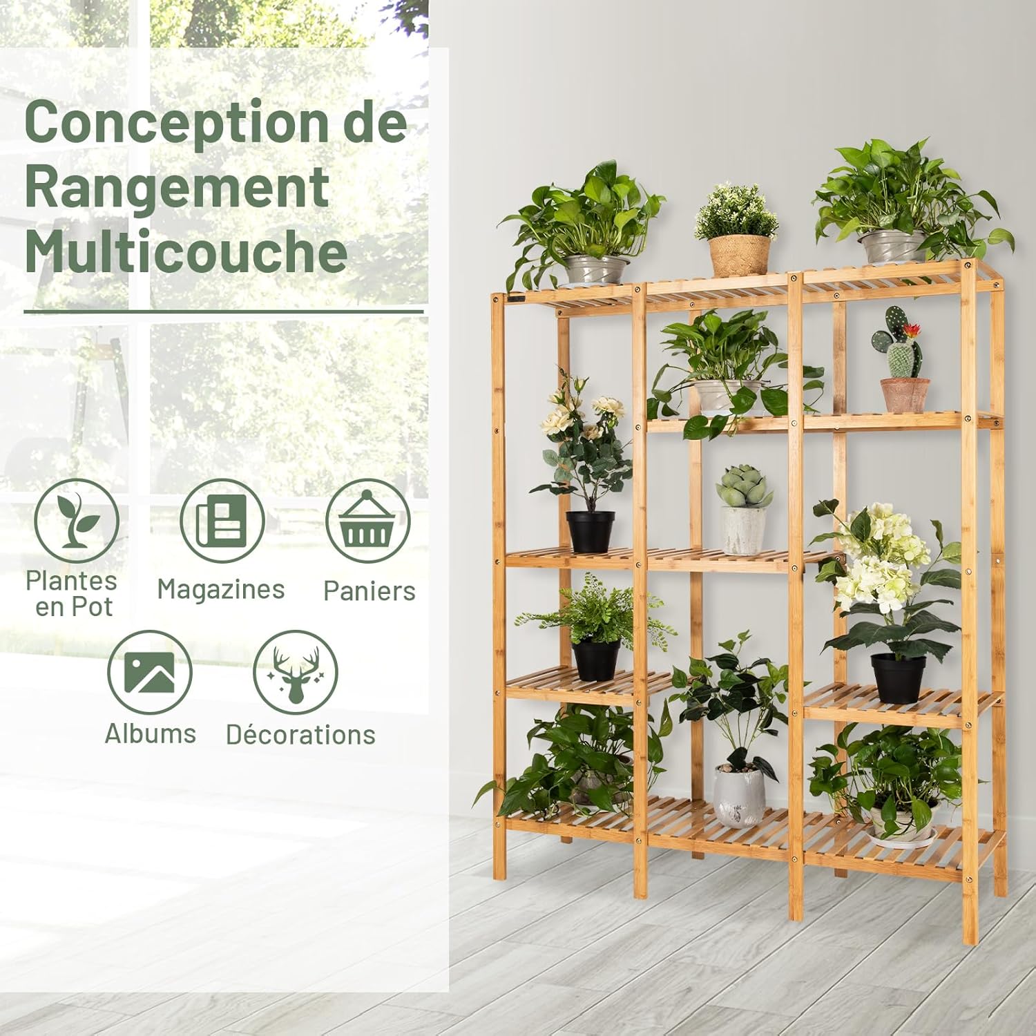 Support de pot pour Plantes en Bambou, Etagères à 5 Niveaux pour 12 Pots de Plantes,pour Salon, Balcon, Jardin, Terrasse, 114 x 31,5 x 141 cm - 5