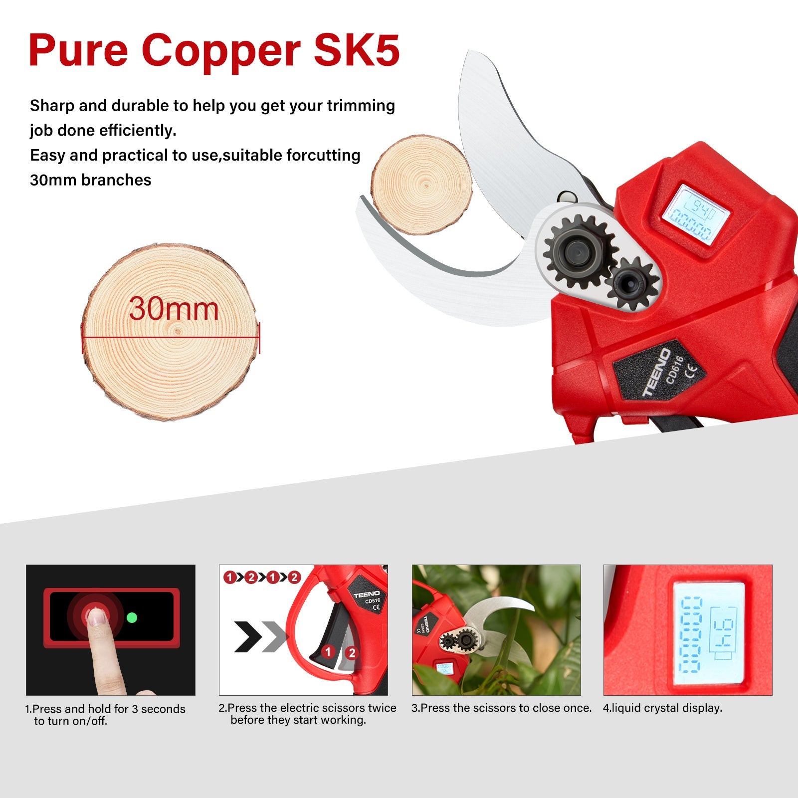 TEENO Sécateur électrique sur fil brushless 30mm avec LCD, 2 * 2000mAh Batteries - 4