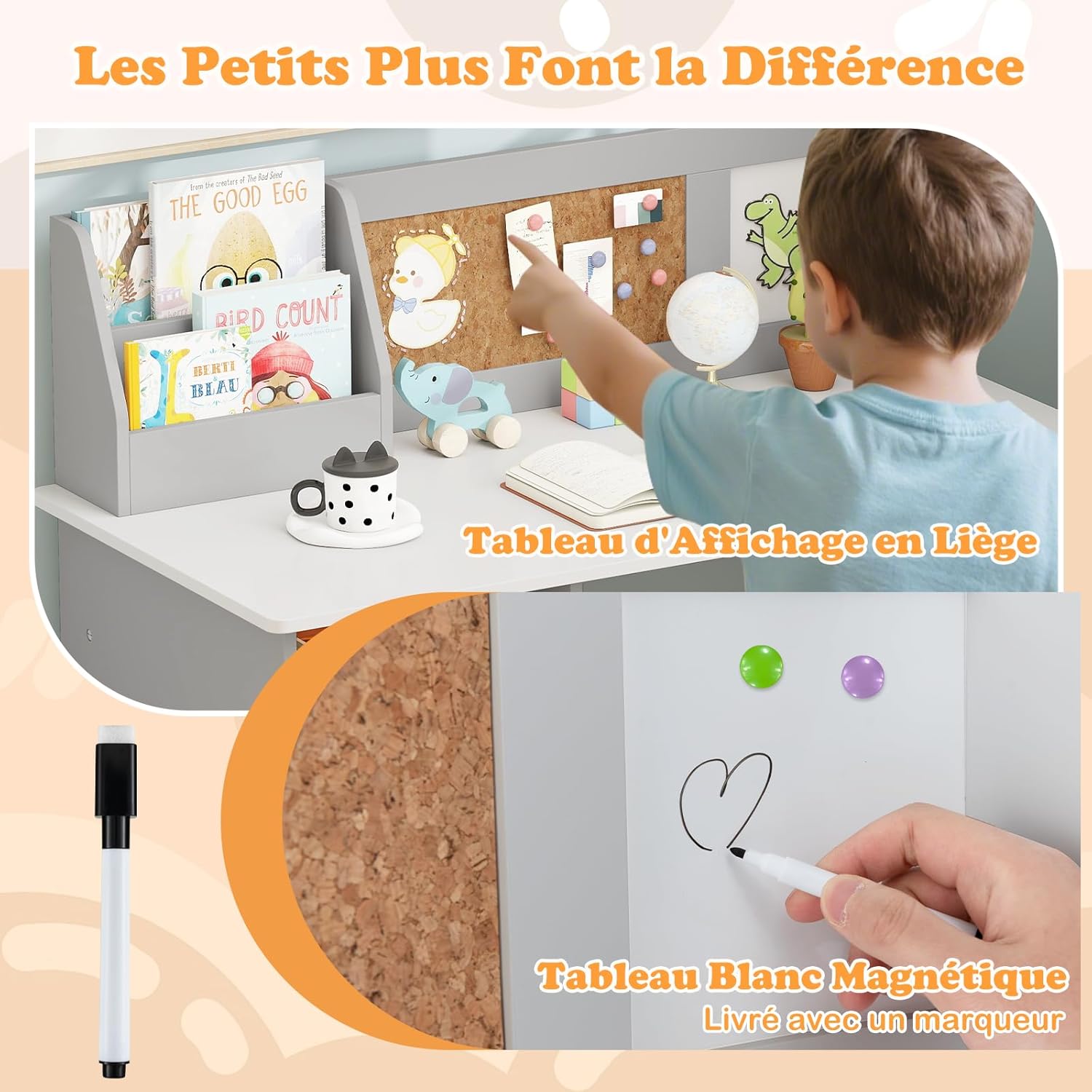 Bureau Enfant avec Chaise, Table d'Étude avec Tableau Blanc et Marqueur, Bureau Enfant 3+ Ans avec Rangement pour Maison, École, Charge 90 (Gris) - 4
