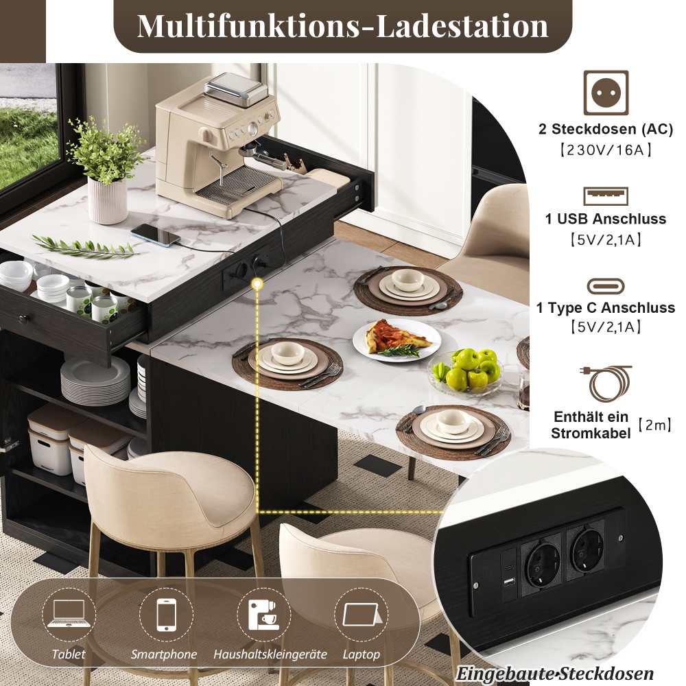 Îlot de cuisine avec roulettes et table extensible – Design marbré, prise intégrée, buffet multifonction pour cuisine et salle à manger - 8