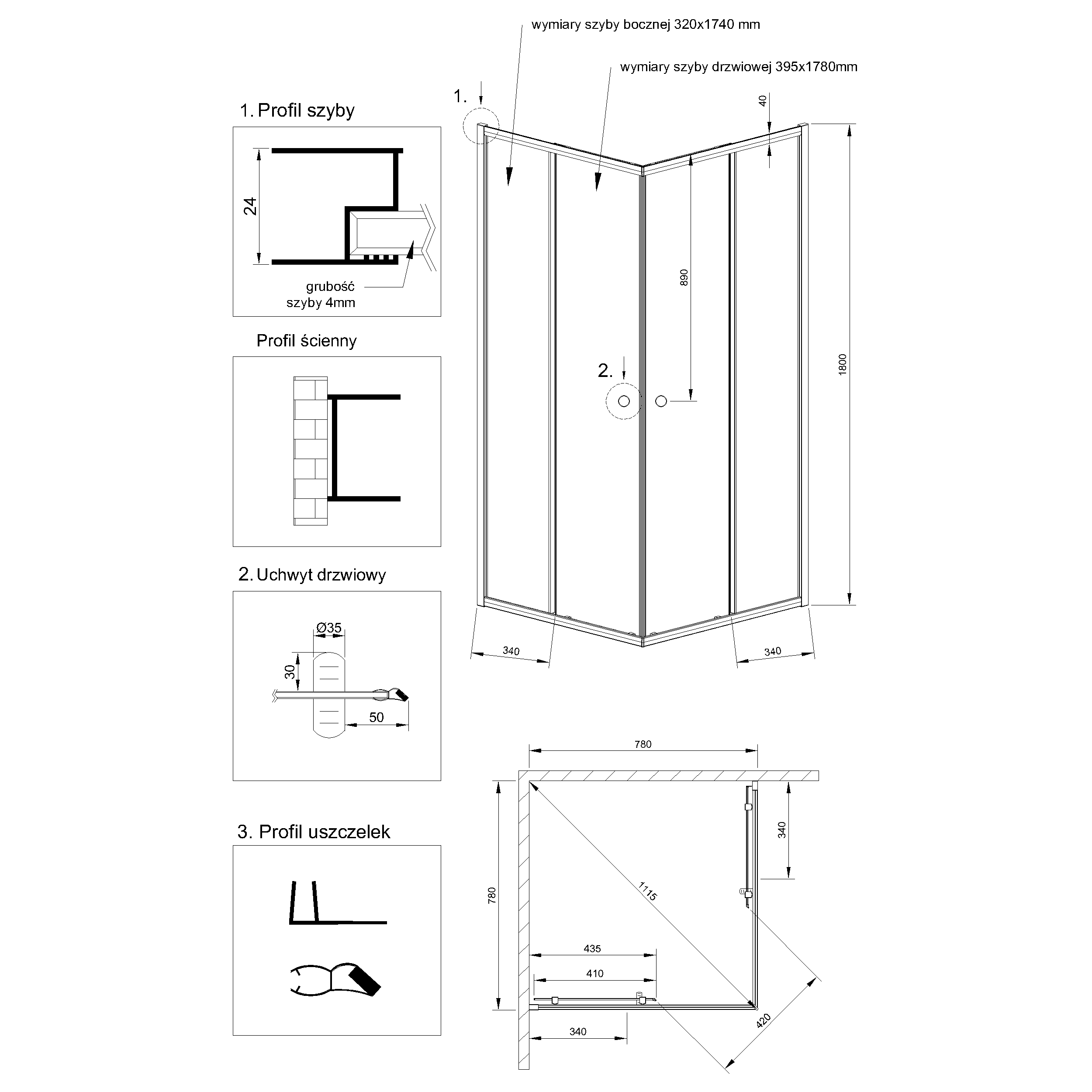 Kabina Prysznicowa 80x80 cm Bez Brodzika Kwadratowa Rozsuwana INVENA Parla