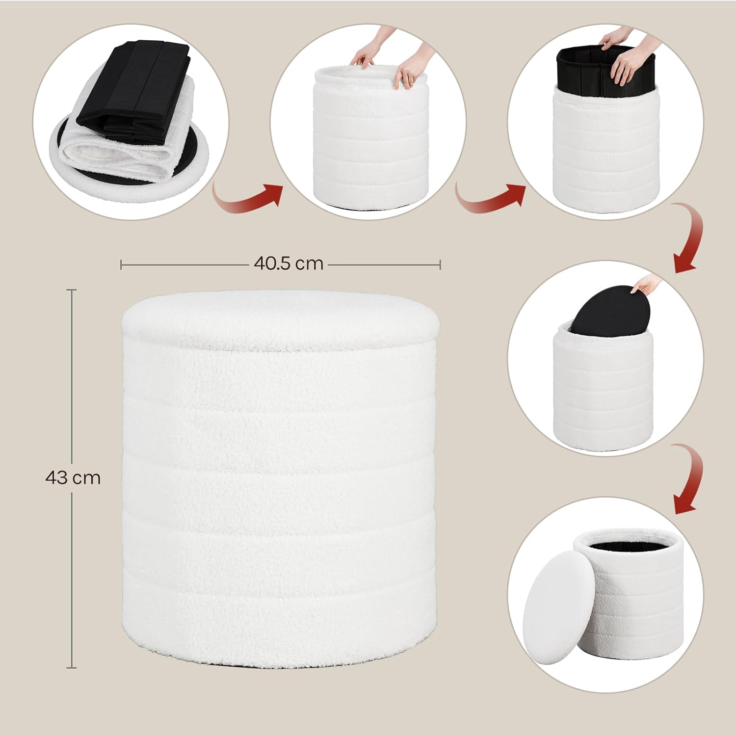 WOLTU Tabouret de Rangement Rond avec Couvercle Amovible, Repose-Pieds Pliable, en Tissu Polaire, Ø40,5 x H43 cm, Blanc - 4