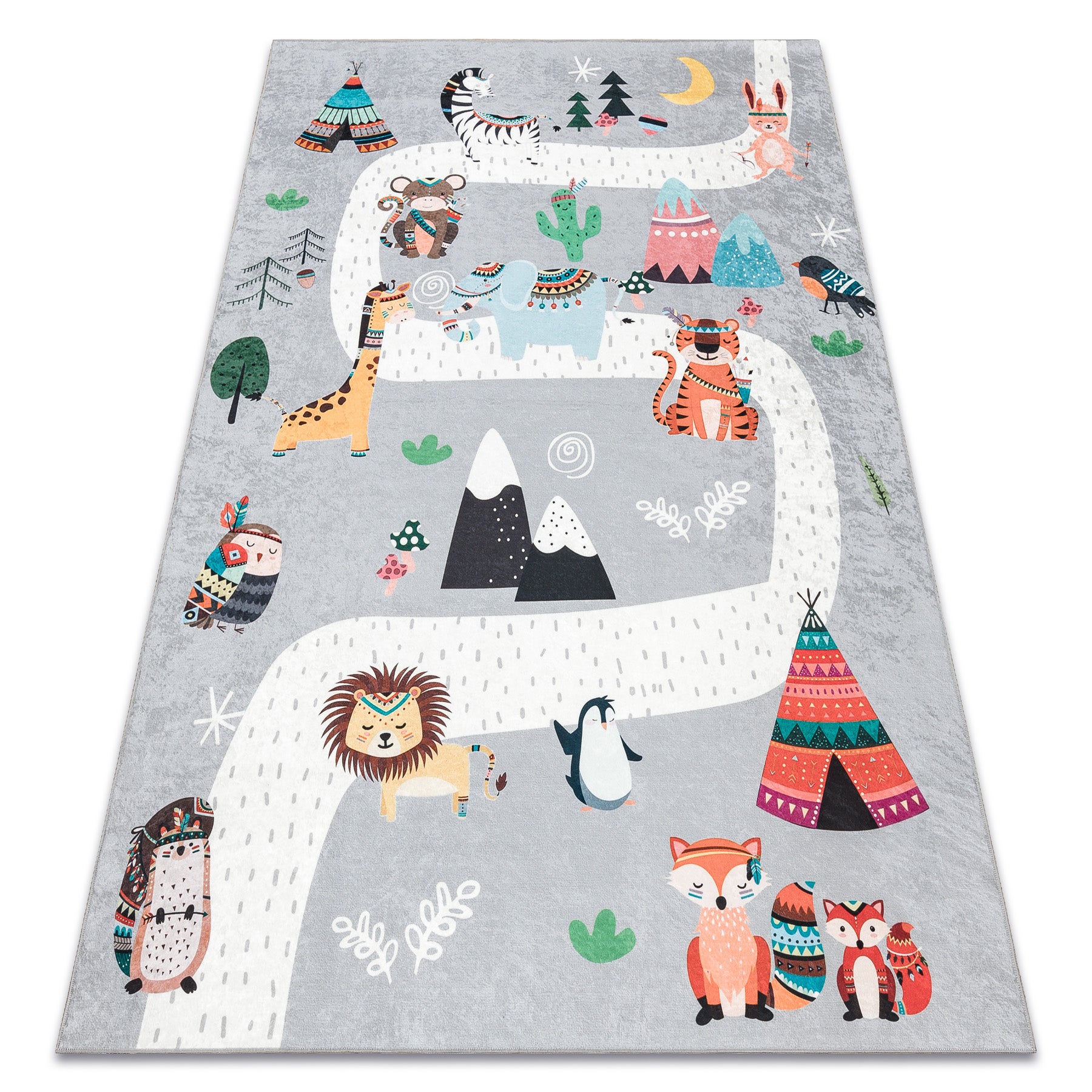 Bambino 2160 alfombra lavable calles, pueblo indio, animales para niños, antideslizante - gris 160x220 cm
