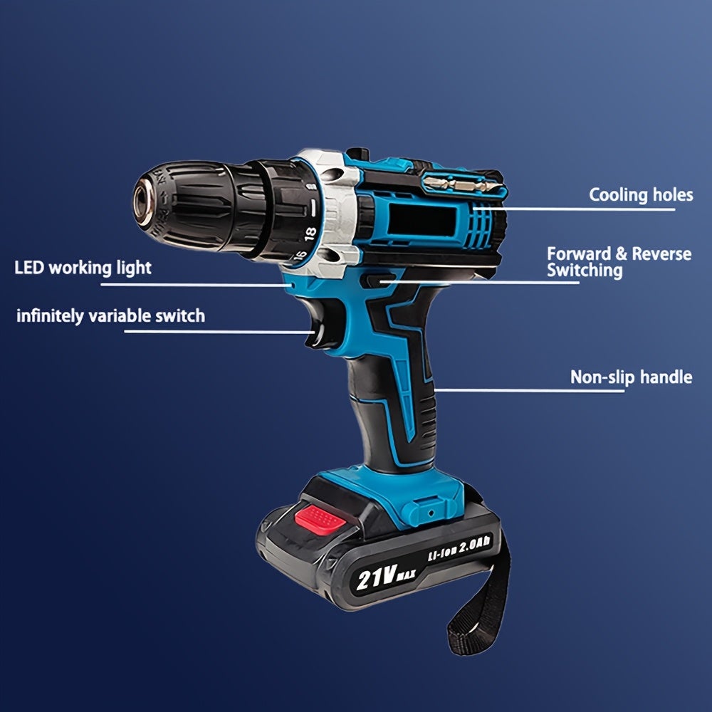 Perceuse-visseuse électrique au lithium 21 V, perceuse-visseuse haute vitesse 1&nbsp;350 tr/min, perceuse-visseuse domestique avec foret, deux batteries - 5