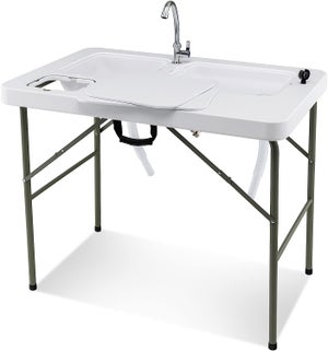 Table de Camping Pliante avec 2 Éviers Charge 150KG Blanc