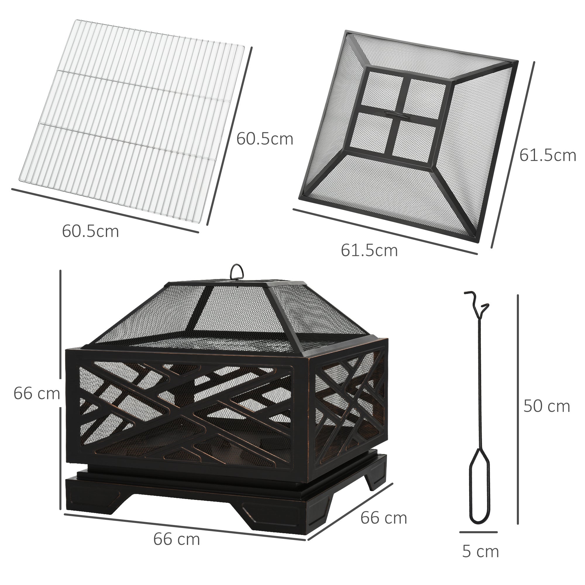 Brasero con protección contra chispas, cesta para brasero con rejilla y atizador, parrilla para barbacoa 2 en 1, metal, negro, 66 x 66 x 66 cm - 3